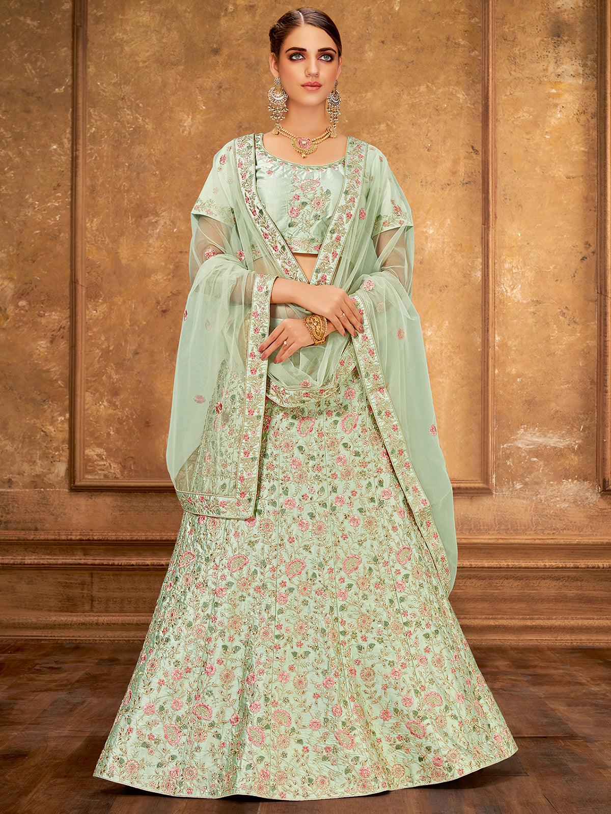 Women's Pastel Green Raw Silk Designer Lehenga Choli - Odette