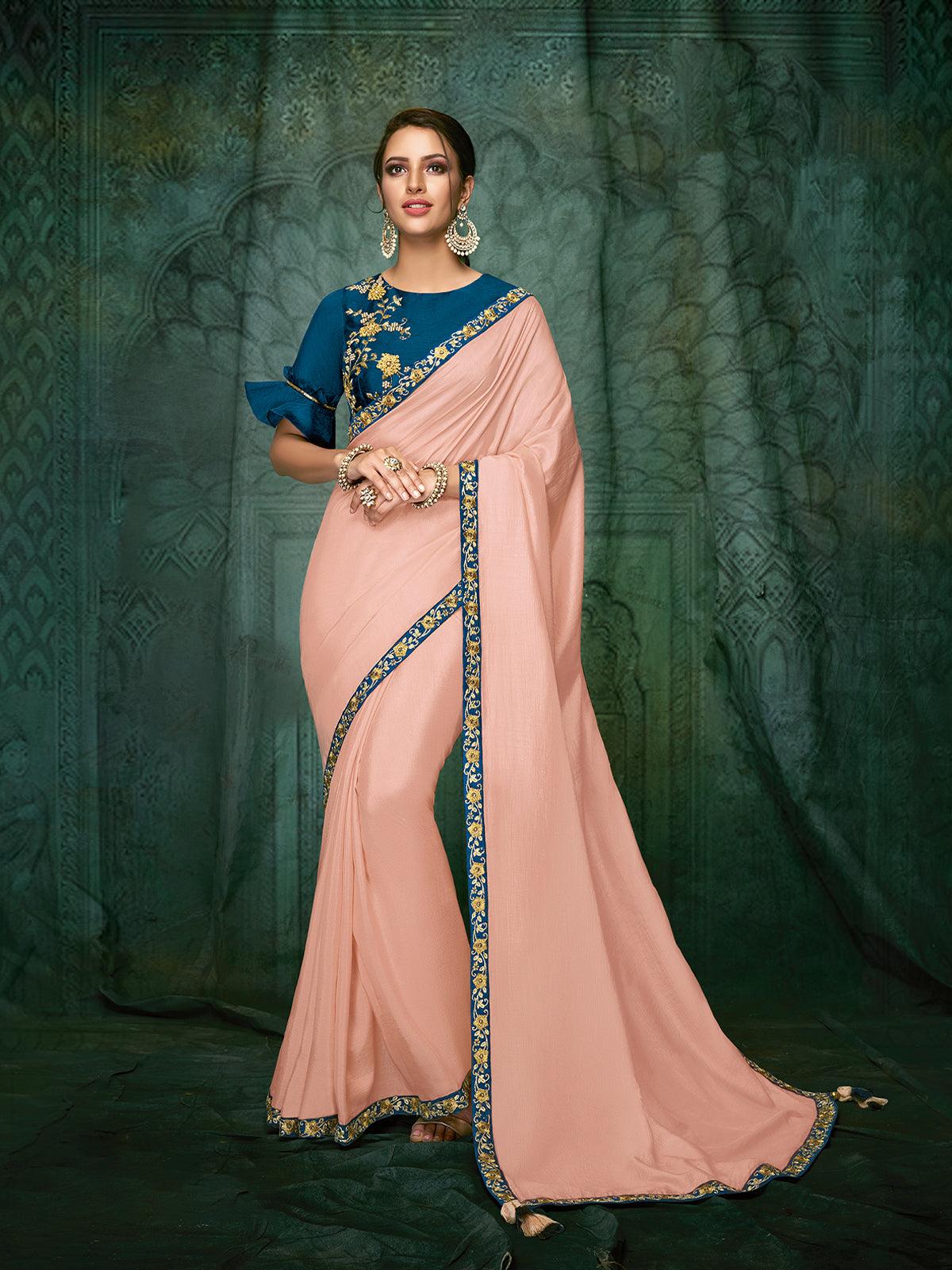 Women's Pastel Pink Satin Silk Designer Saree With Blouse - Odette