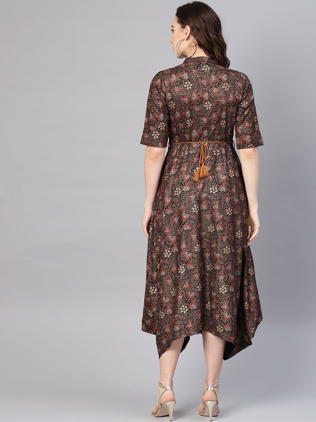 Women's Rayon Printed Asymmetric Dress With Belt - Juniper