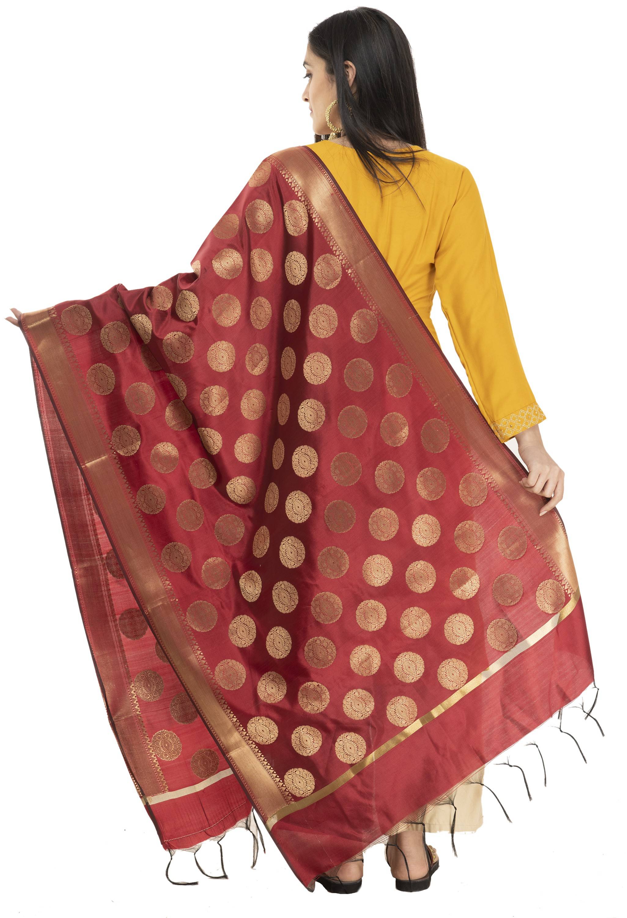 A R Silk Women's Tapeta Silk Zari Work Maroon Banarsi Silk Dupatta ARS0409