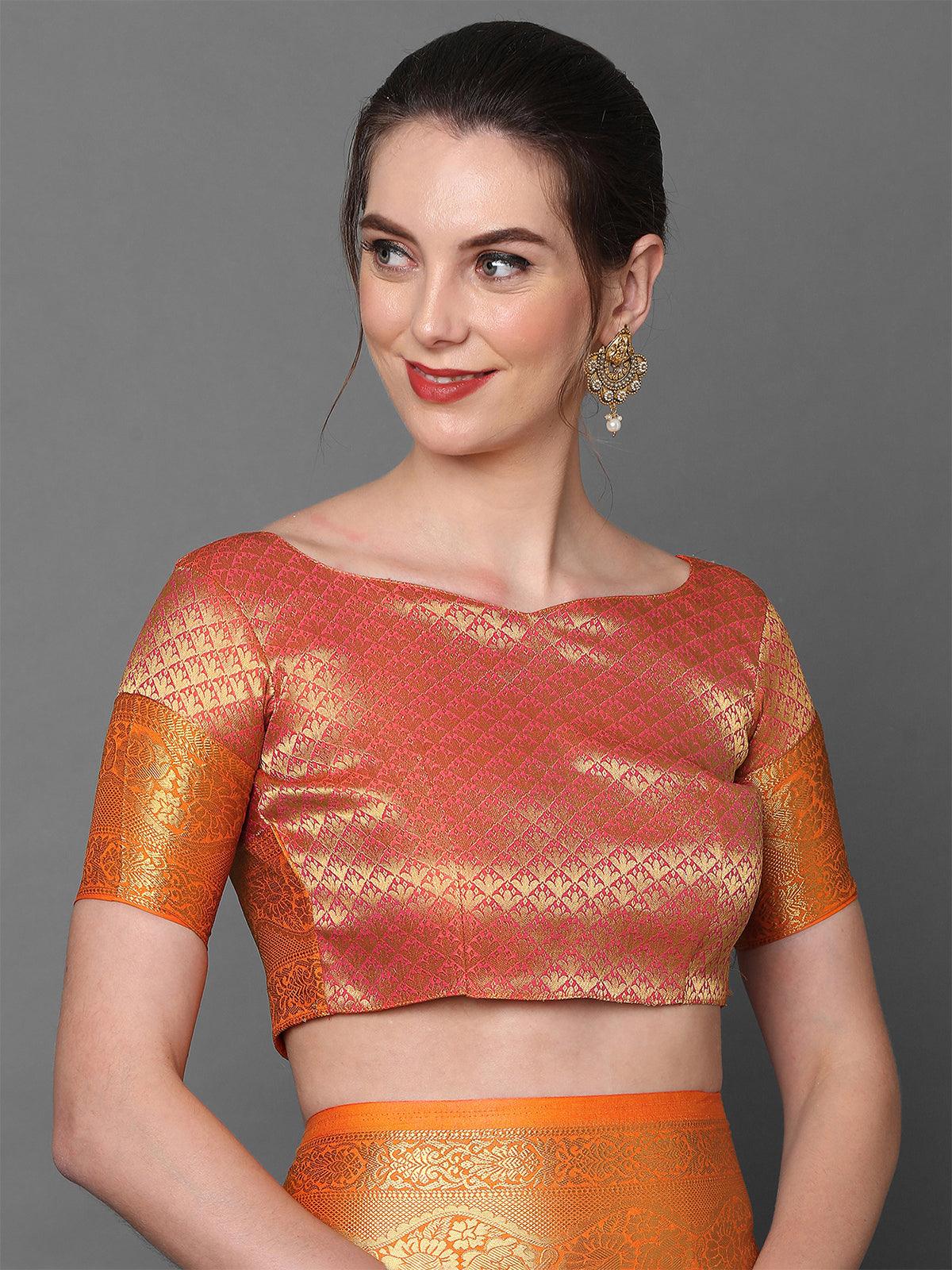 Women's Peach & Orange Party Wear Silk Blend Woven Design Saree With Unstitched Blouse - Odette