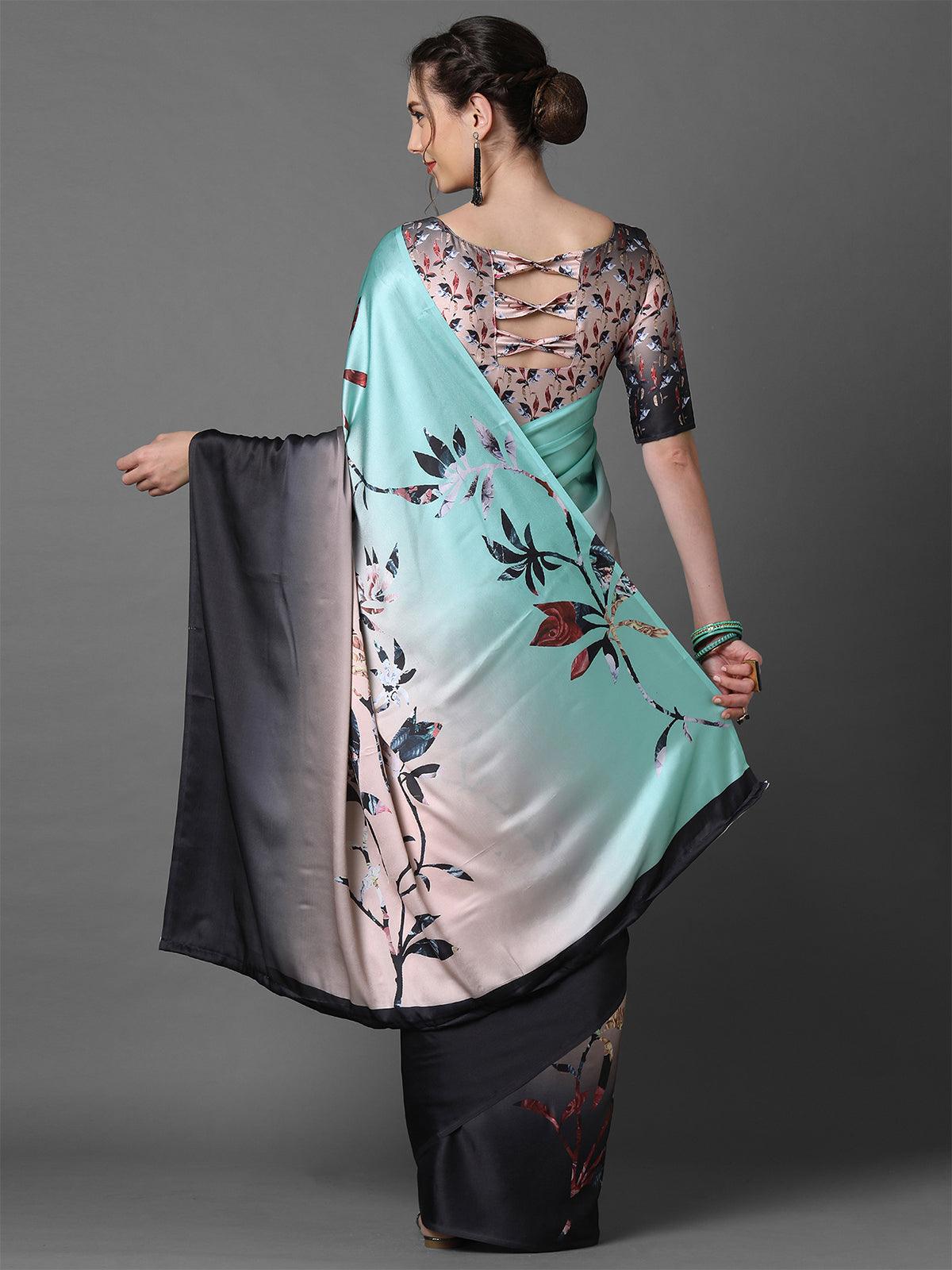 Women's Peach & Sea Green Casual Crepe Printed Saree With Unstitched Blouse - Odette