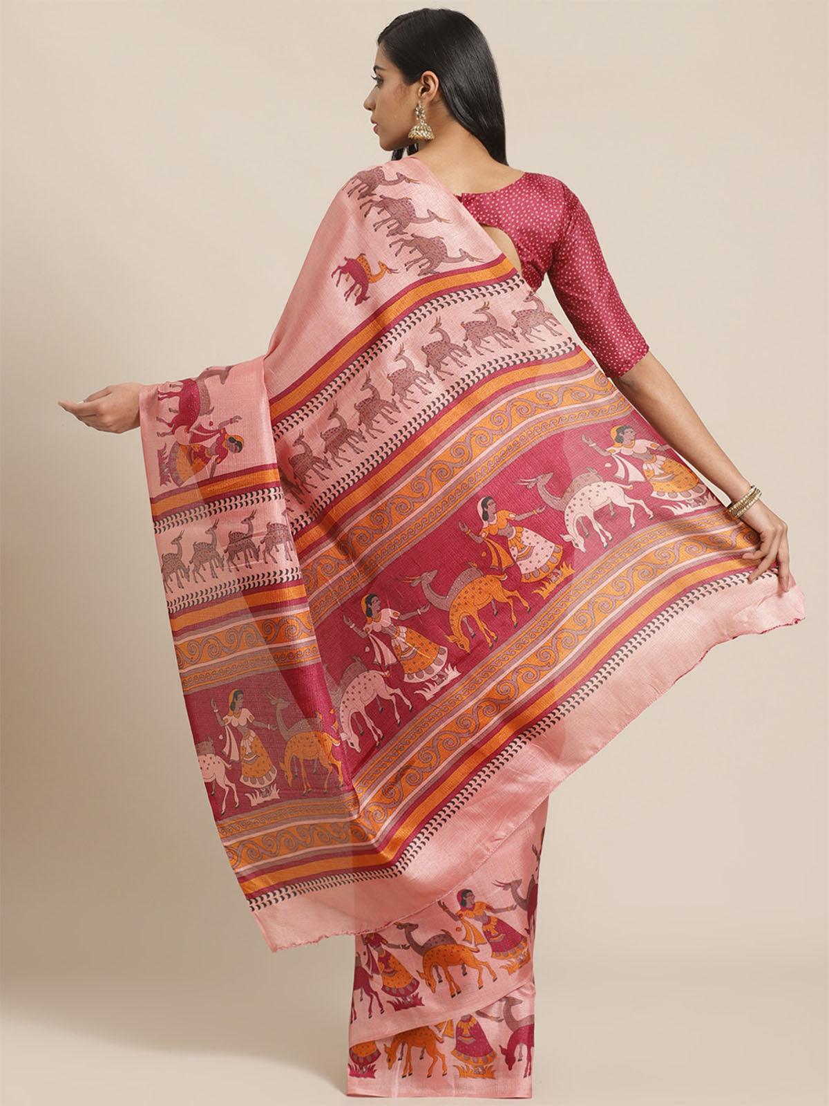 Women's Peach Casual Bhagalpuri Printed Saree With Unstitched Blouse - Odette