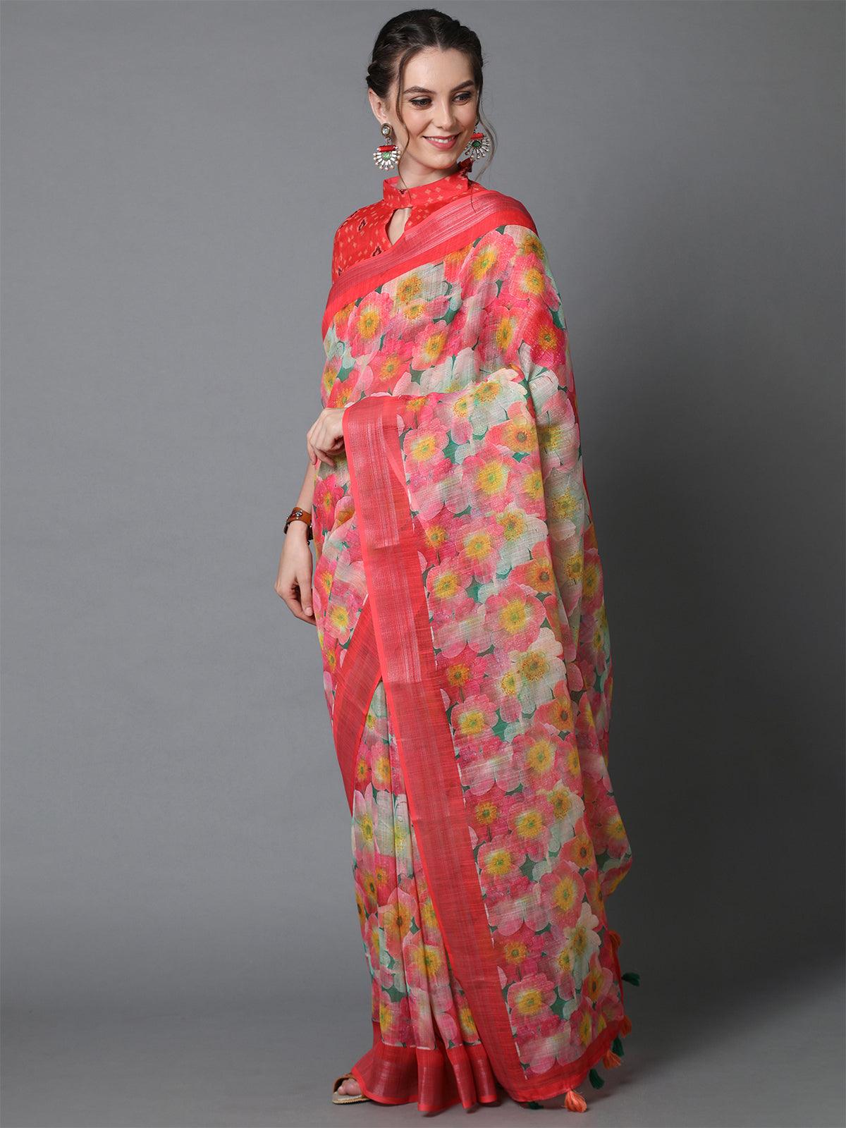 Women's Peach Casual Linen Printed Saree With Unstitched Blouse - Odette