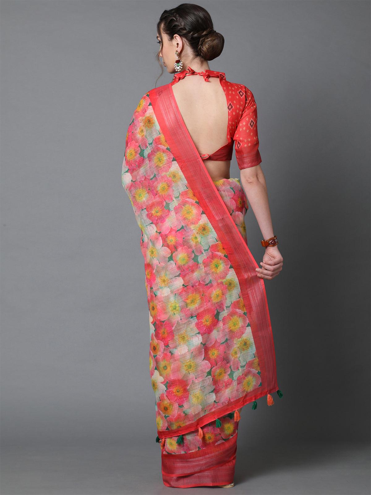Women's Peach Casual Linen Printed Saree With Unstitched Blouse - Odette