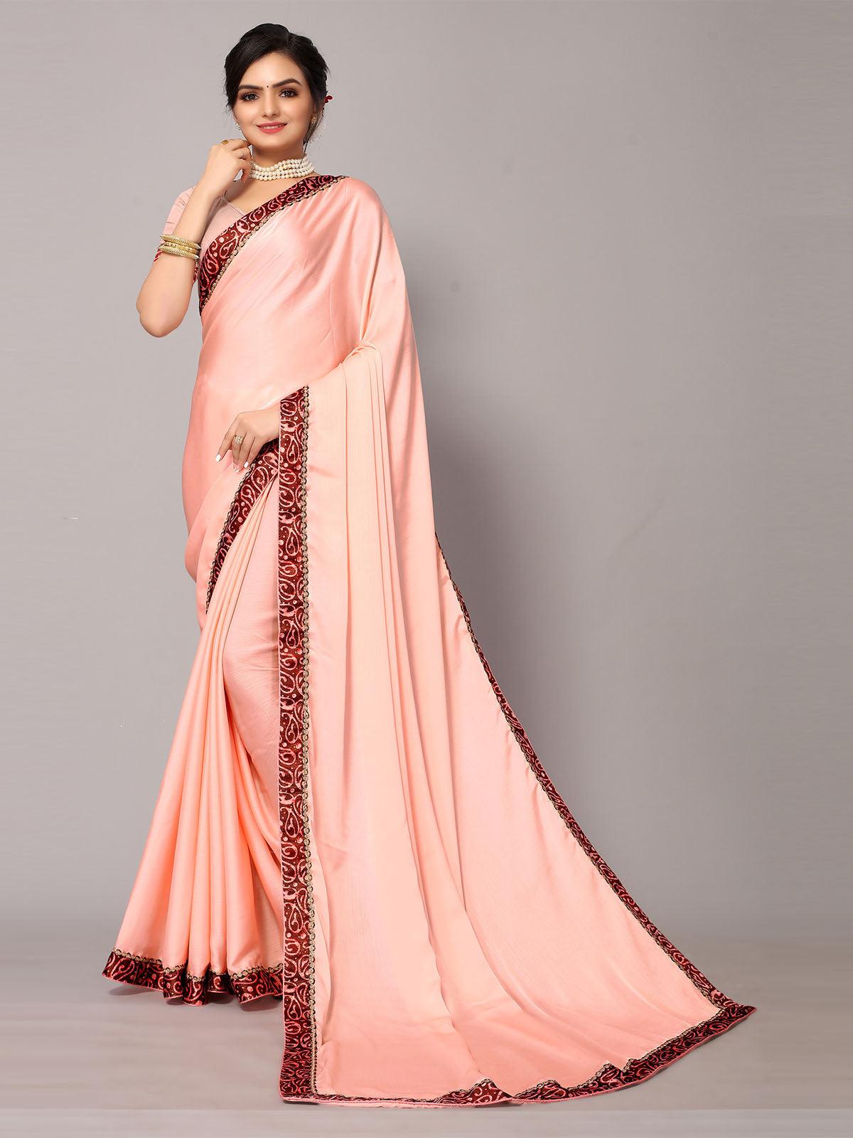 Women's Peach Chiffion Printed Border Saree With Matching Blouse. - Odette