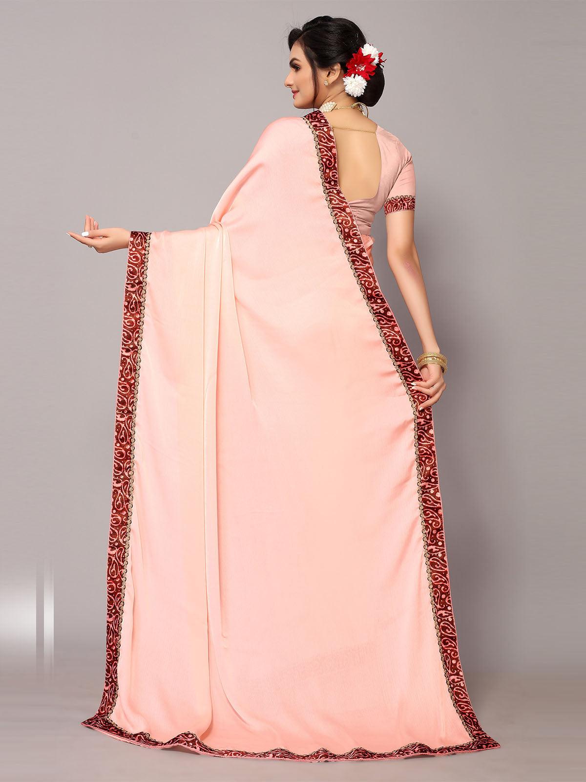 Women's Peach Chiffion Printed Border Saree With Matching Blouse. - Odette