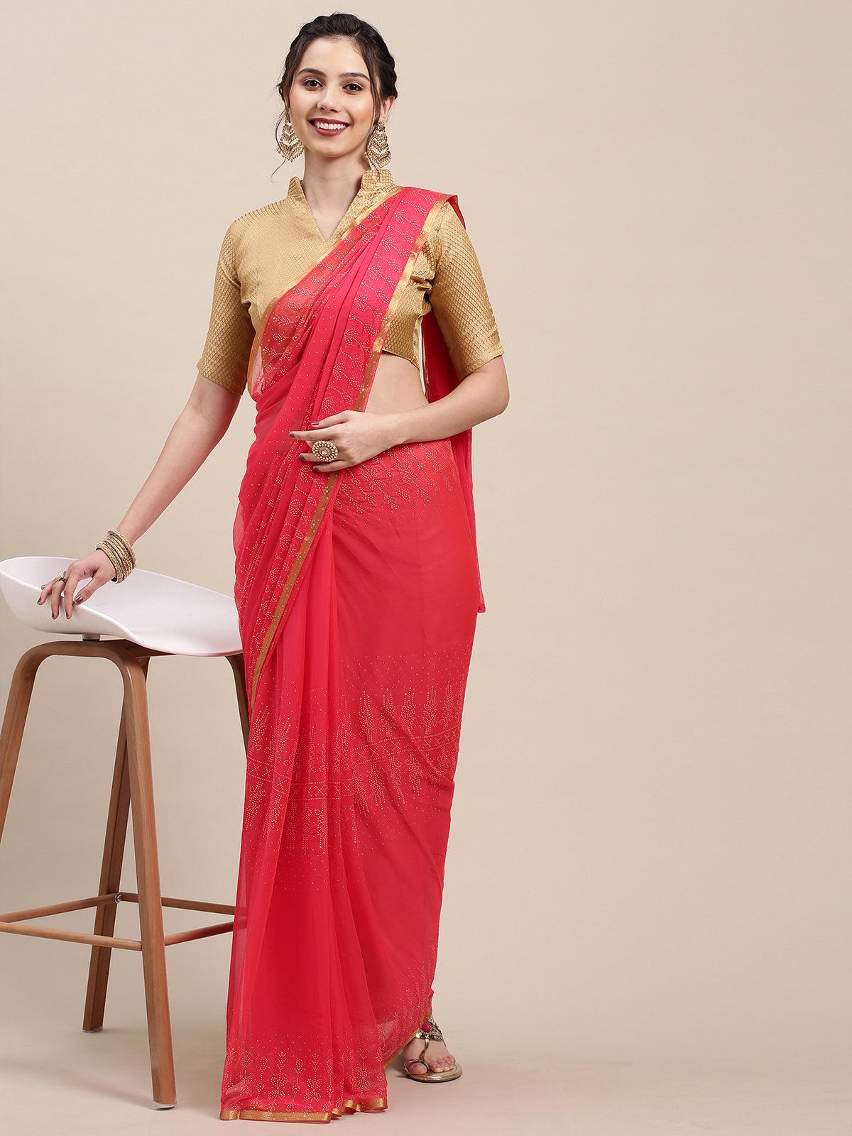Women's Peach Chiffon Woven Border Saree With Unstitched Blouse - Odette