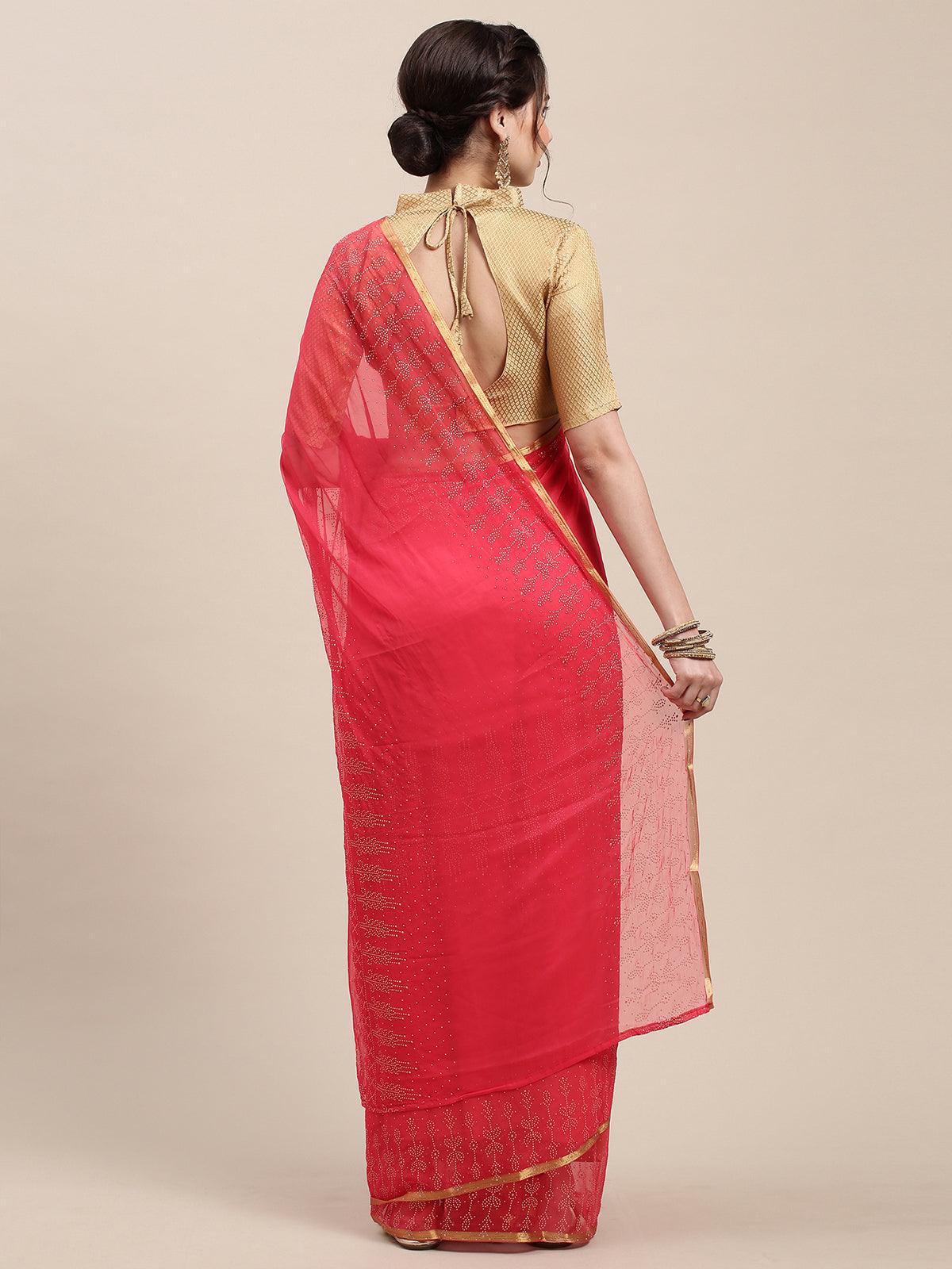Women's Peach Chiffon Woven Border Saree With Unstitched Blouse - Odette
