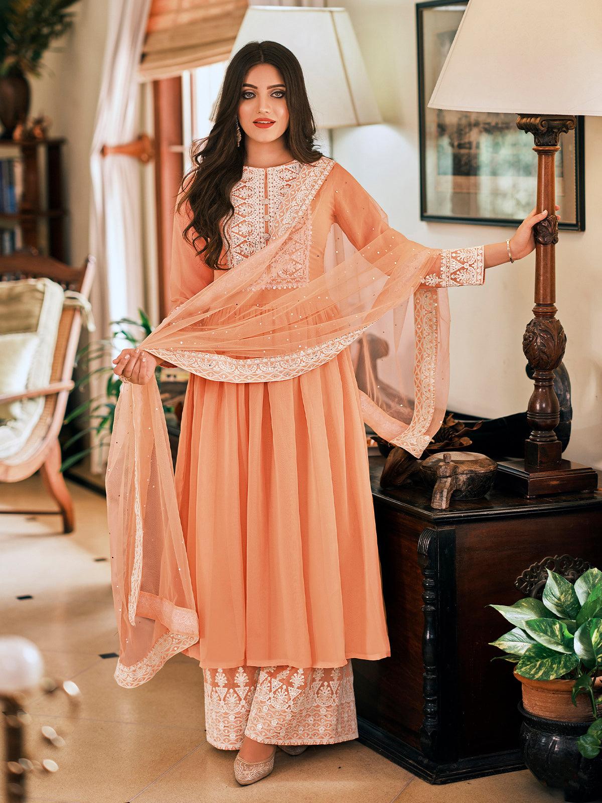 Buy Powder Peach Salwar Suit With Peplum Kurti Enhanced With Brocade Buttis  Online - Kalki Fashion