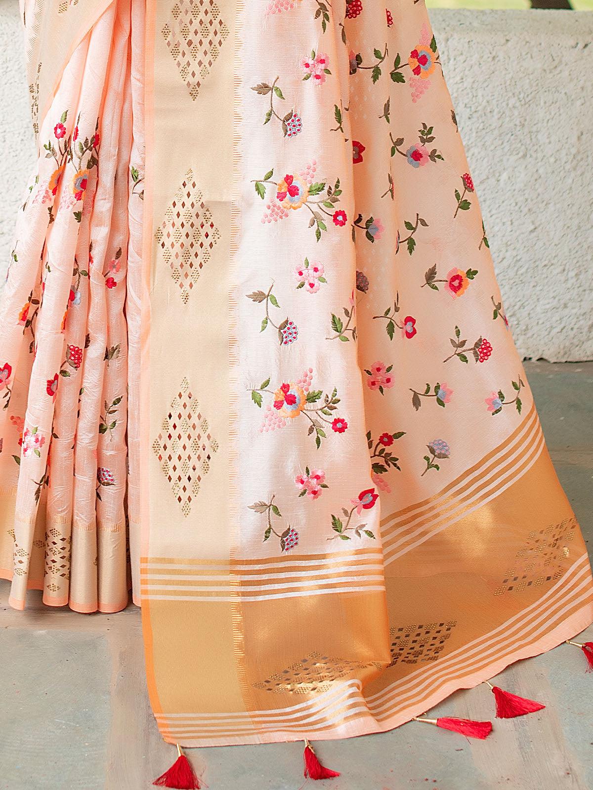 Women's Peach Color Mysore Silk Beautiful Saree - Odette