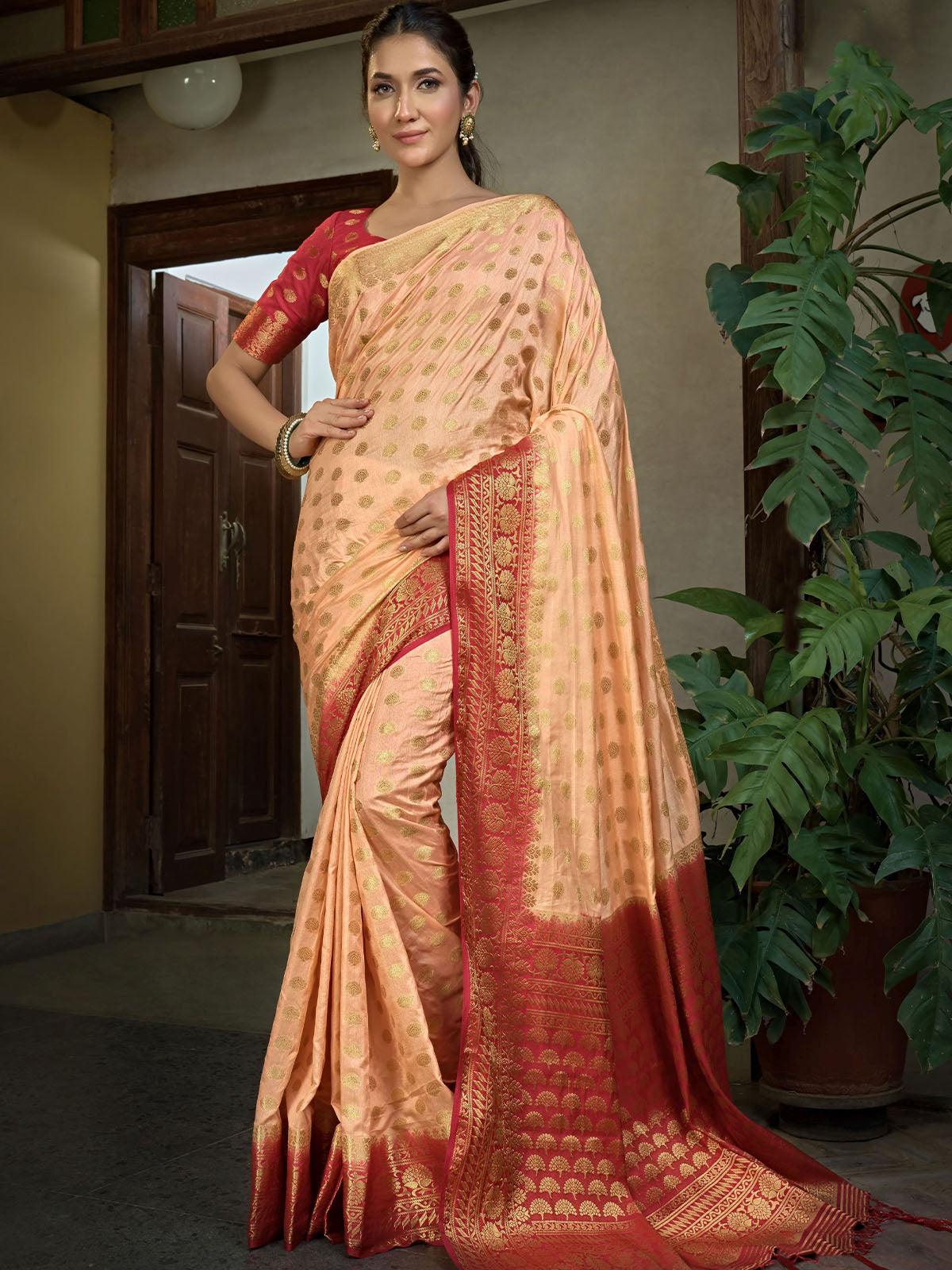 Women's Peach Color Traditional Wear Silk Saree - Odette