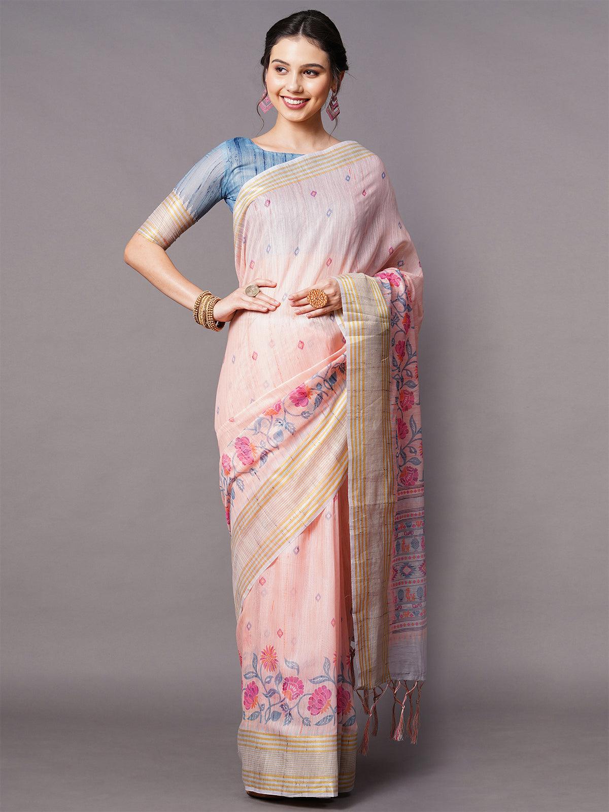 Women's Peach Festive Linen Blend Printed Saree With Unstitched Blouse - Odette