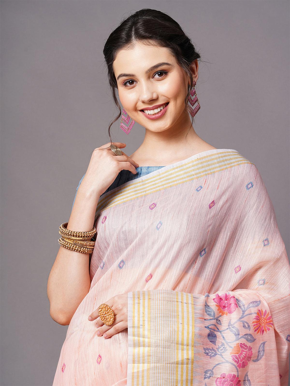 Women's Peach Festive Linen Blend Printed Saree With Unstitched Blouse - Odette