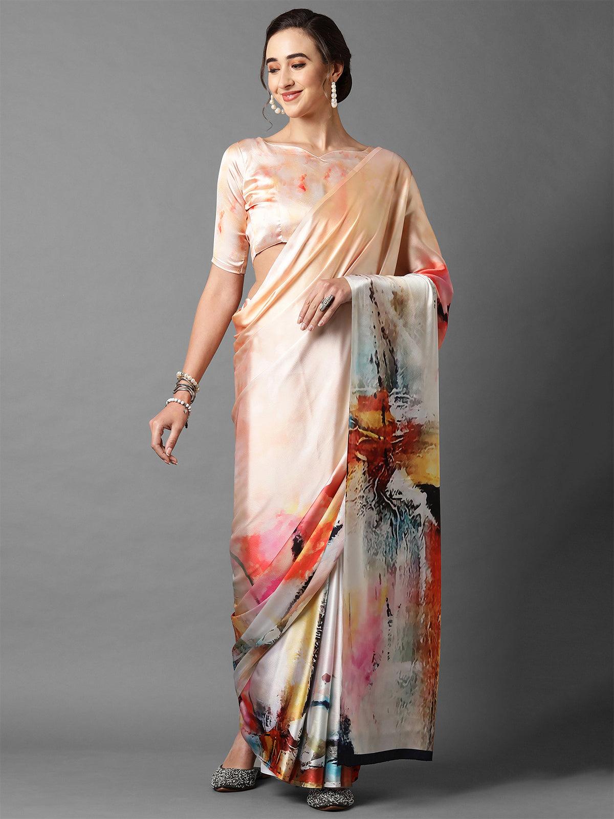 Women's Peach Festive Satin Silk Printed Saree With Unstitched Blouse - Odette