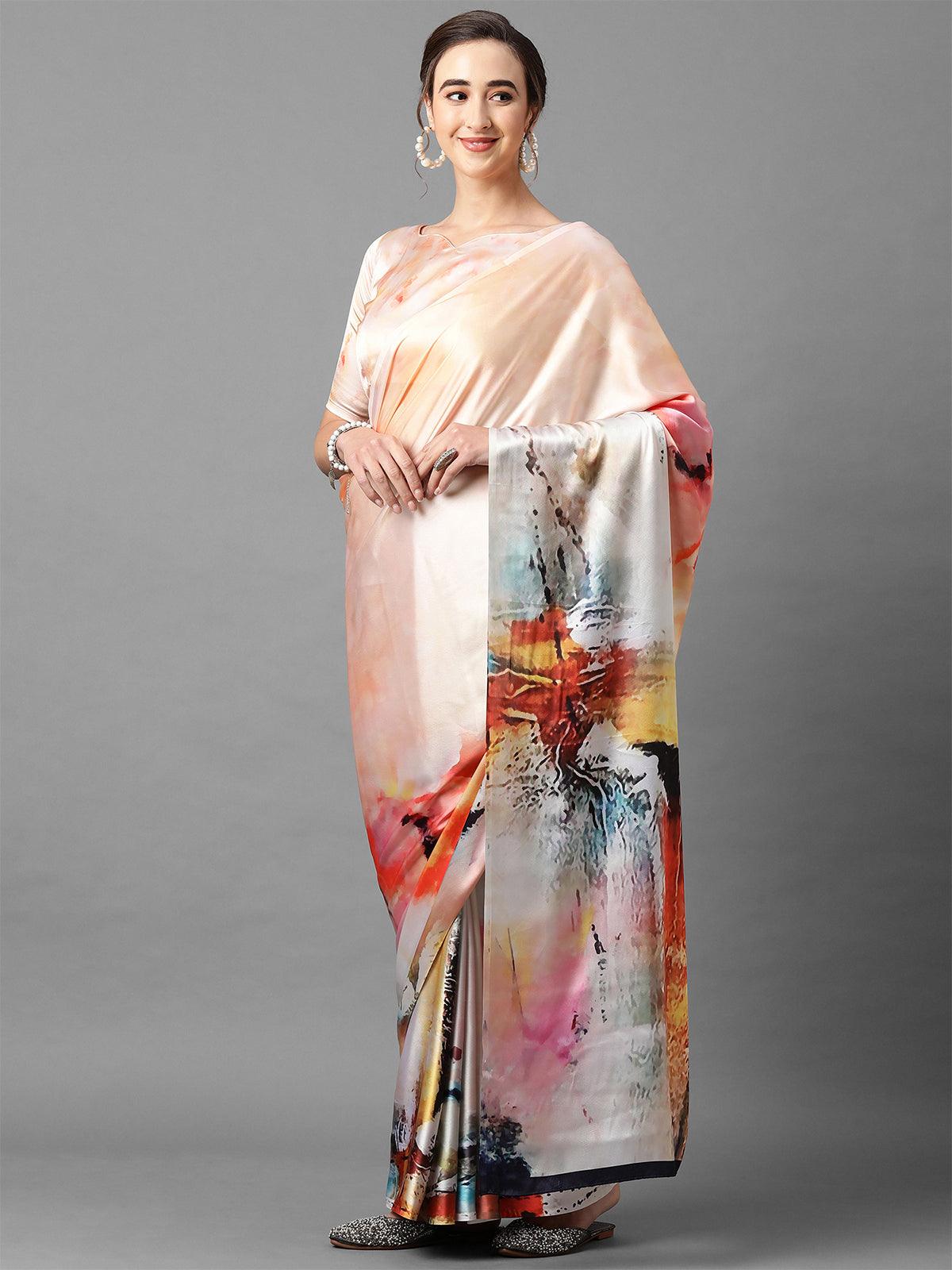 Women's Peach Festive Satin Silk Printed Saree With Unstitched Blouse - Odette