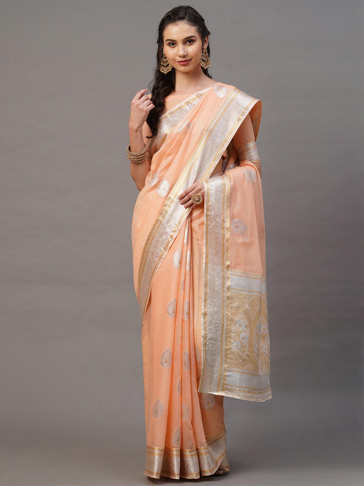 Women's Peach Festive Silk Blend Woven Design Saree With Unstitched Blouse - Odette