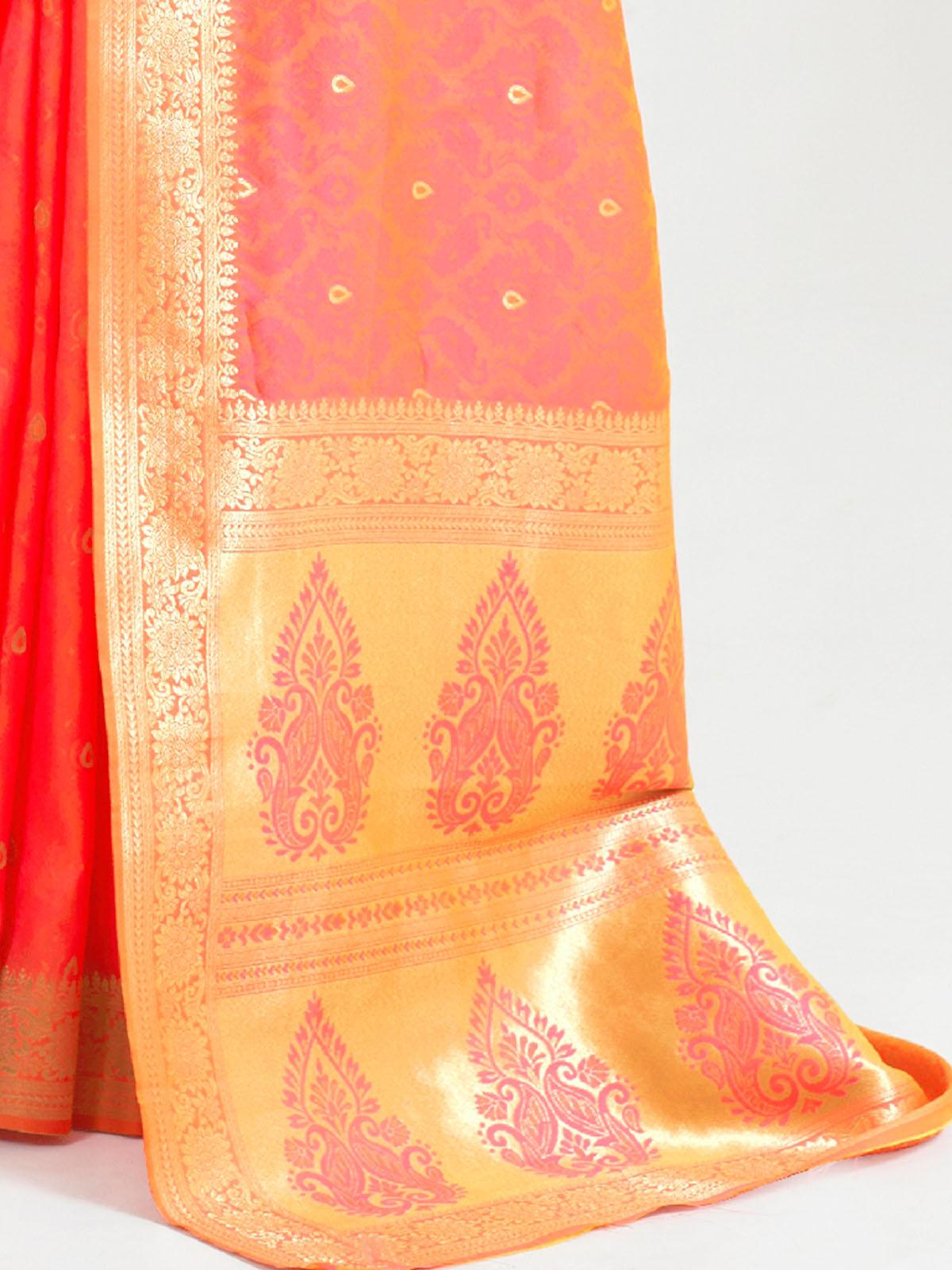 Women's Peach Festive Silk Blend Woven Design Saree With Unstitched Blouse - Odette