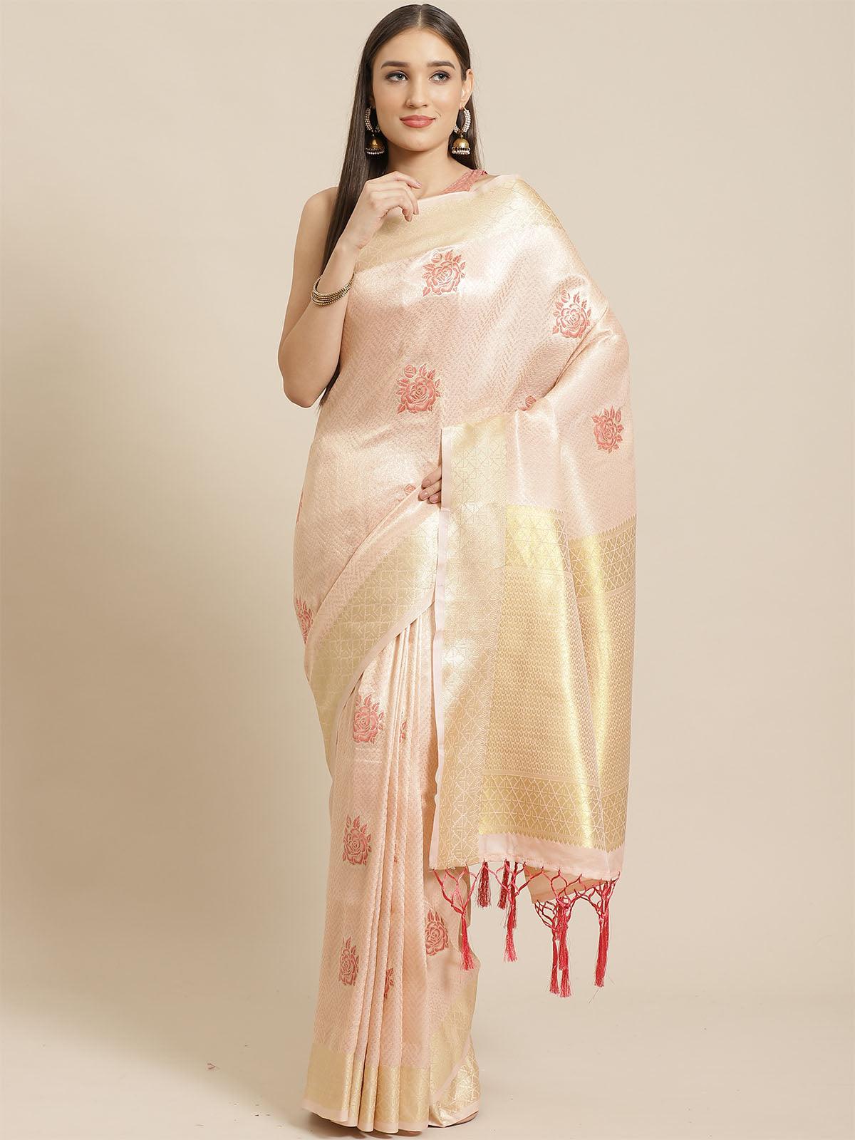 Women's Peach Festive Silk Blend Woven Saree With Unstitched Blouse - Odette