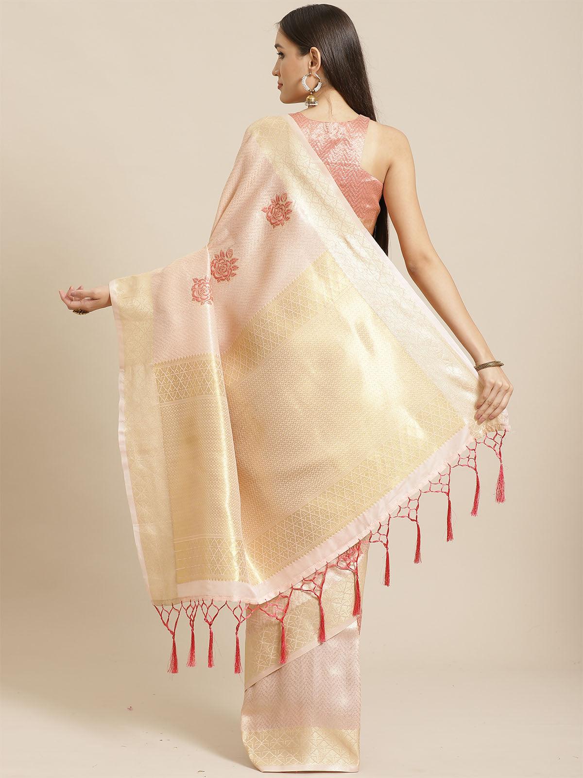 Women's Peach Festive Silk Blend Woven Saree With Unstitched Blouse - Odette