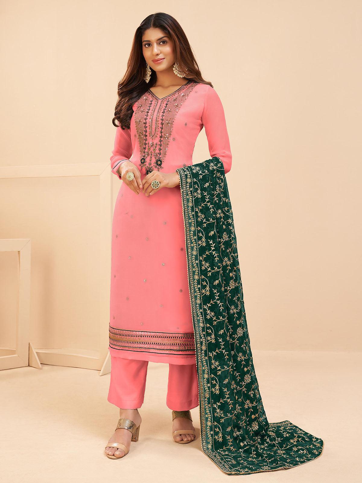 Women's Peach Festive Salwar Suit Sets - Odette