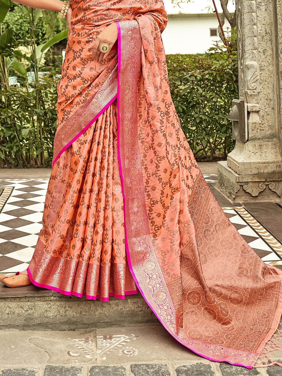 Women's Peach Heavy Woven Banarasi Silk Saree - Odette