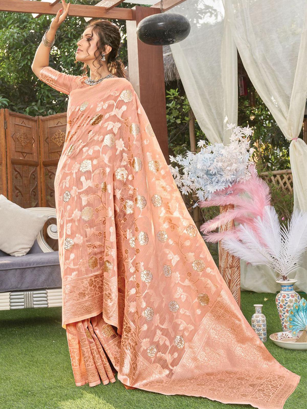 Women's Peach Heavy Woven Designer Linen Saree - Odette