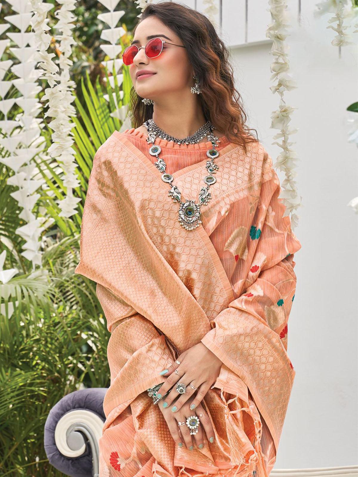Women's Peach Heavy Woven Linen Saree - Odette