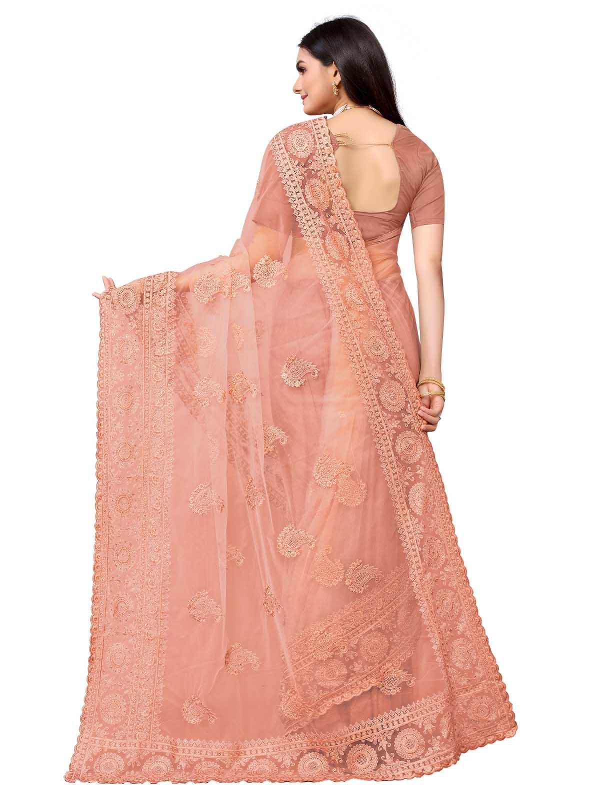 Women's Peach Net Embroidered Saree With Blouse - Odette