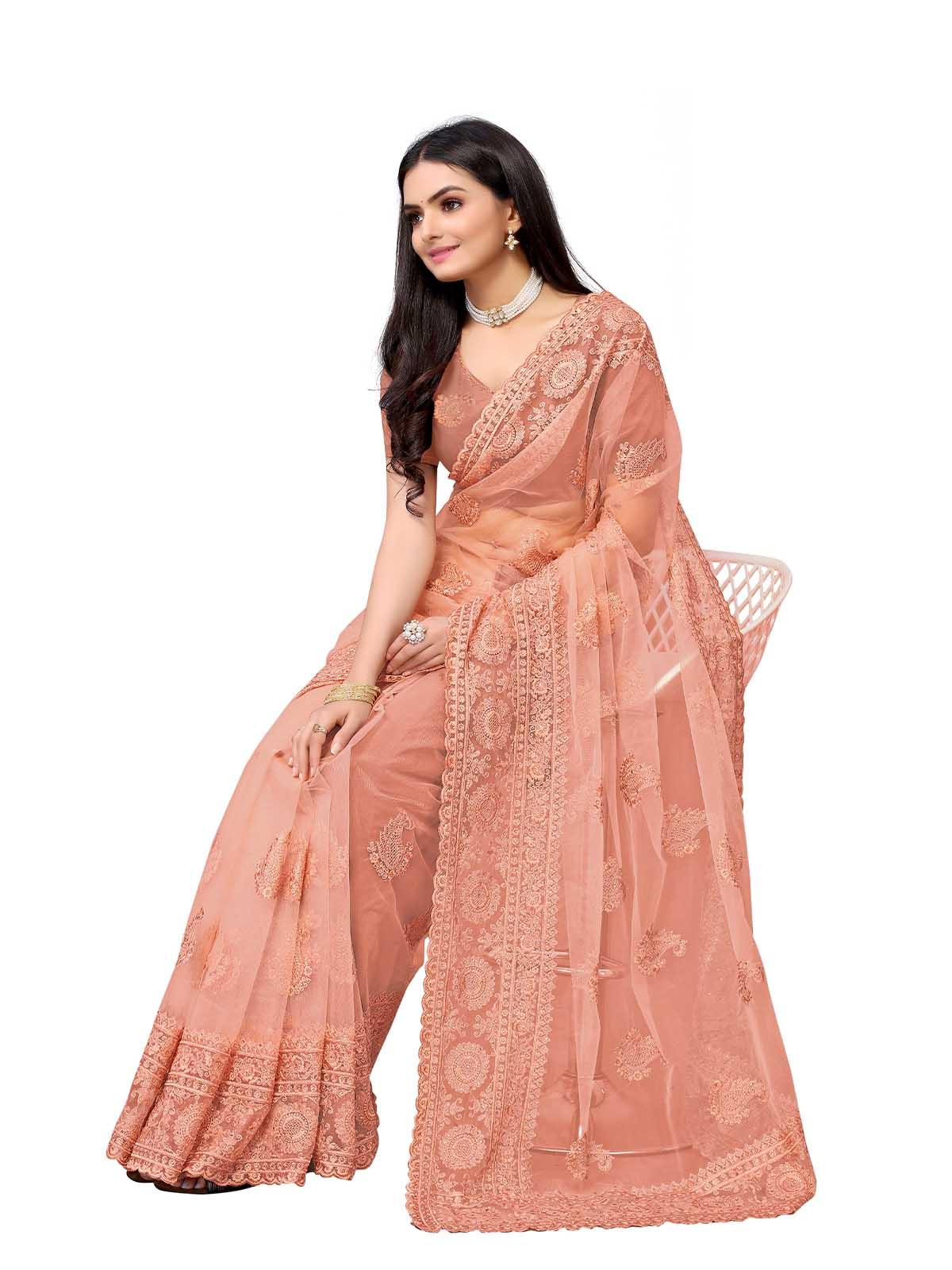 Women's Peach Net Embroidered Saree With Blouse - Odette