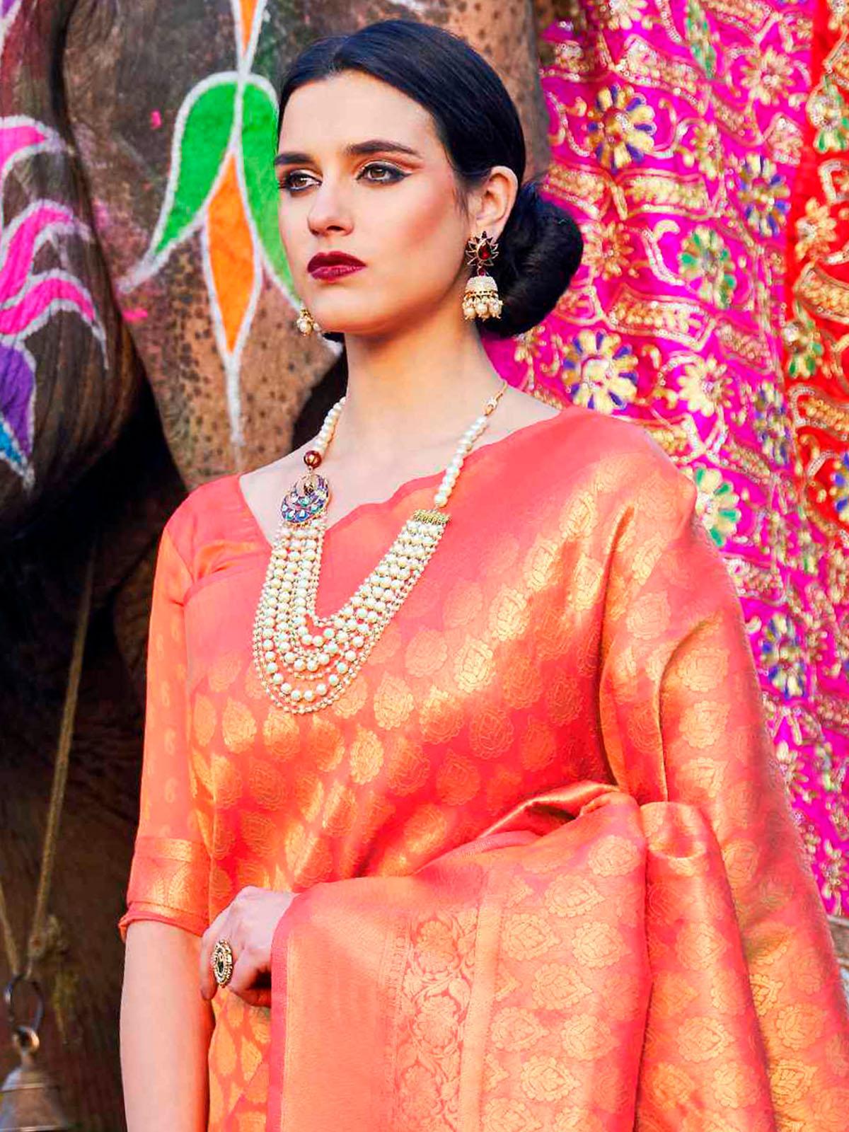Women's Peach Party Wear Kanjivaram Silk Woven Design Saree With Unstitched Blouse - Odette