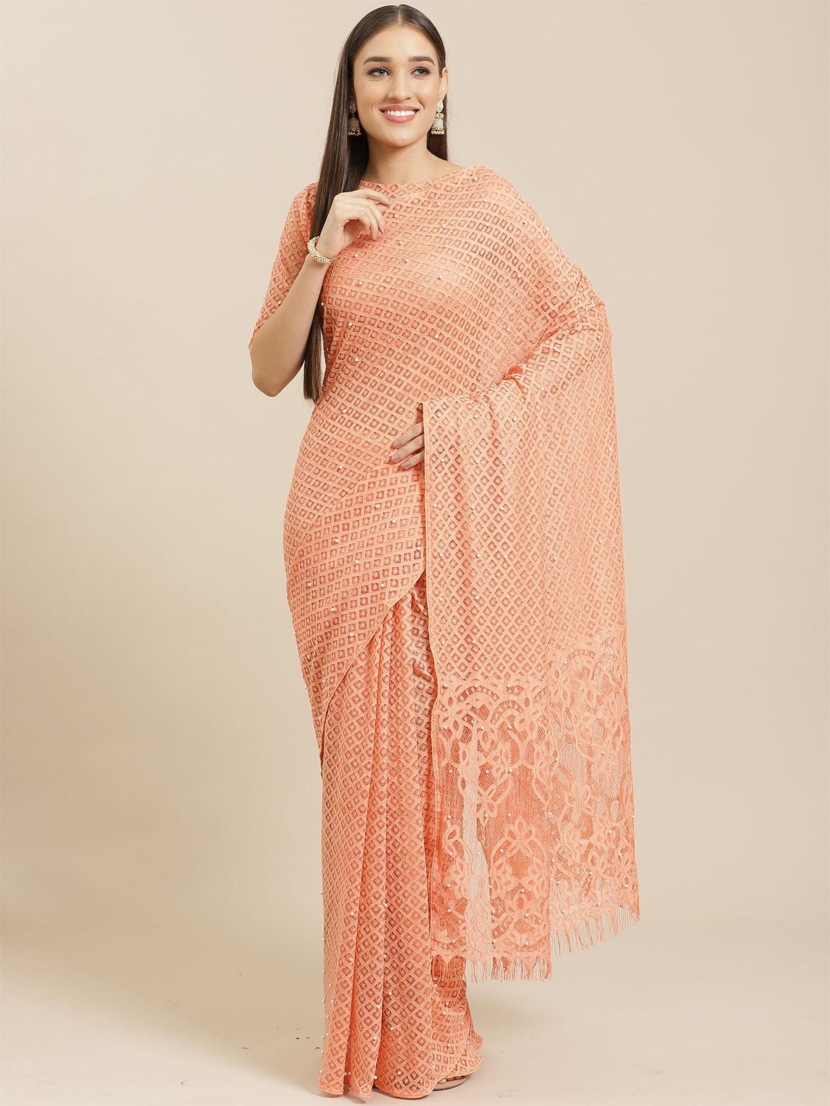 Women's Peach Party Wear Net(Super Net) Solid Saree With Unstitched Blouse - Odette