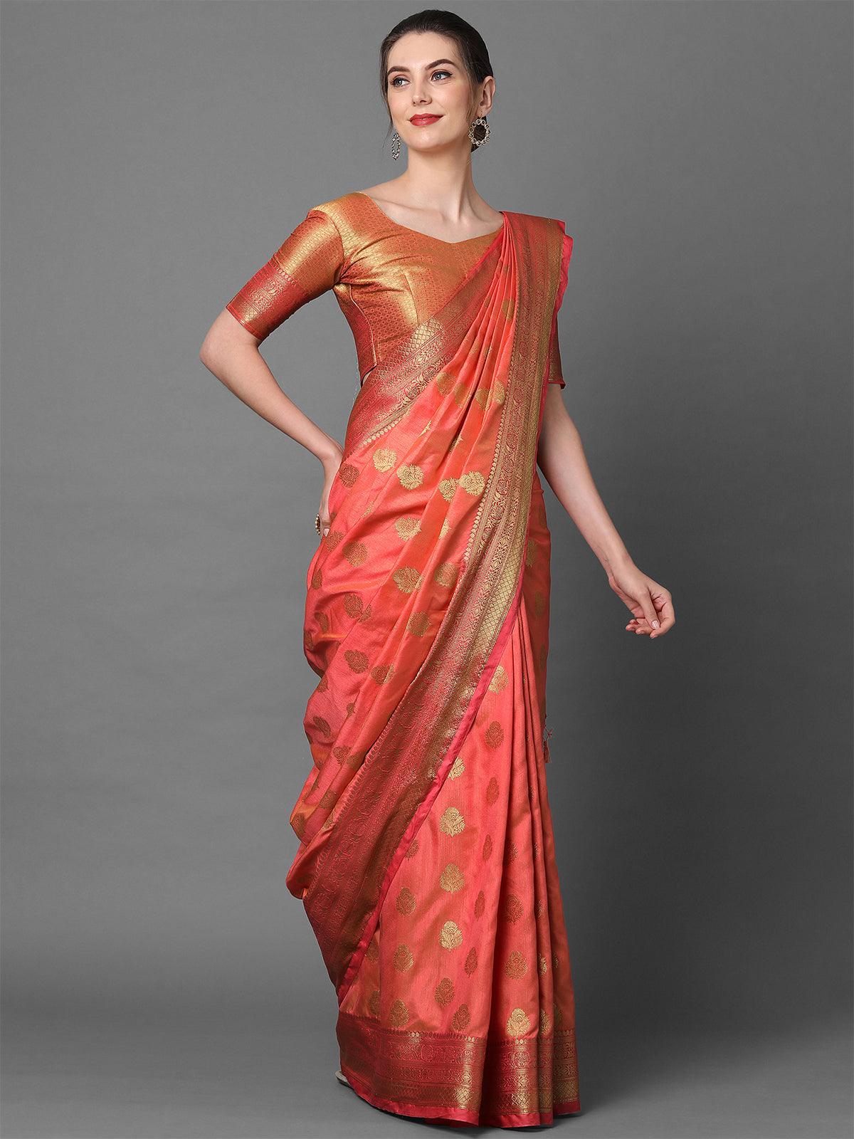 Women's Peach Party Wear Silk Blend Woven Design Saree With Unstitched Blouse - Odette