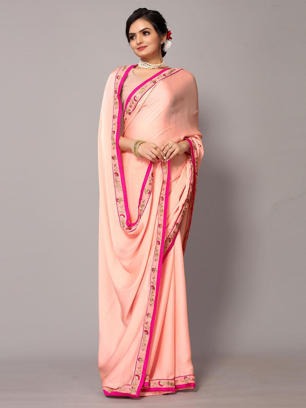 Women's Peach Poly Chiffion Embroidery Border Work Saree With Blouse - Odette