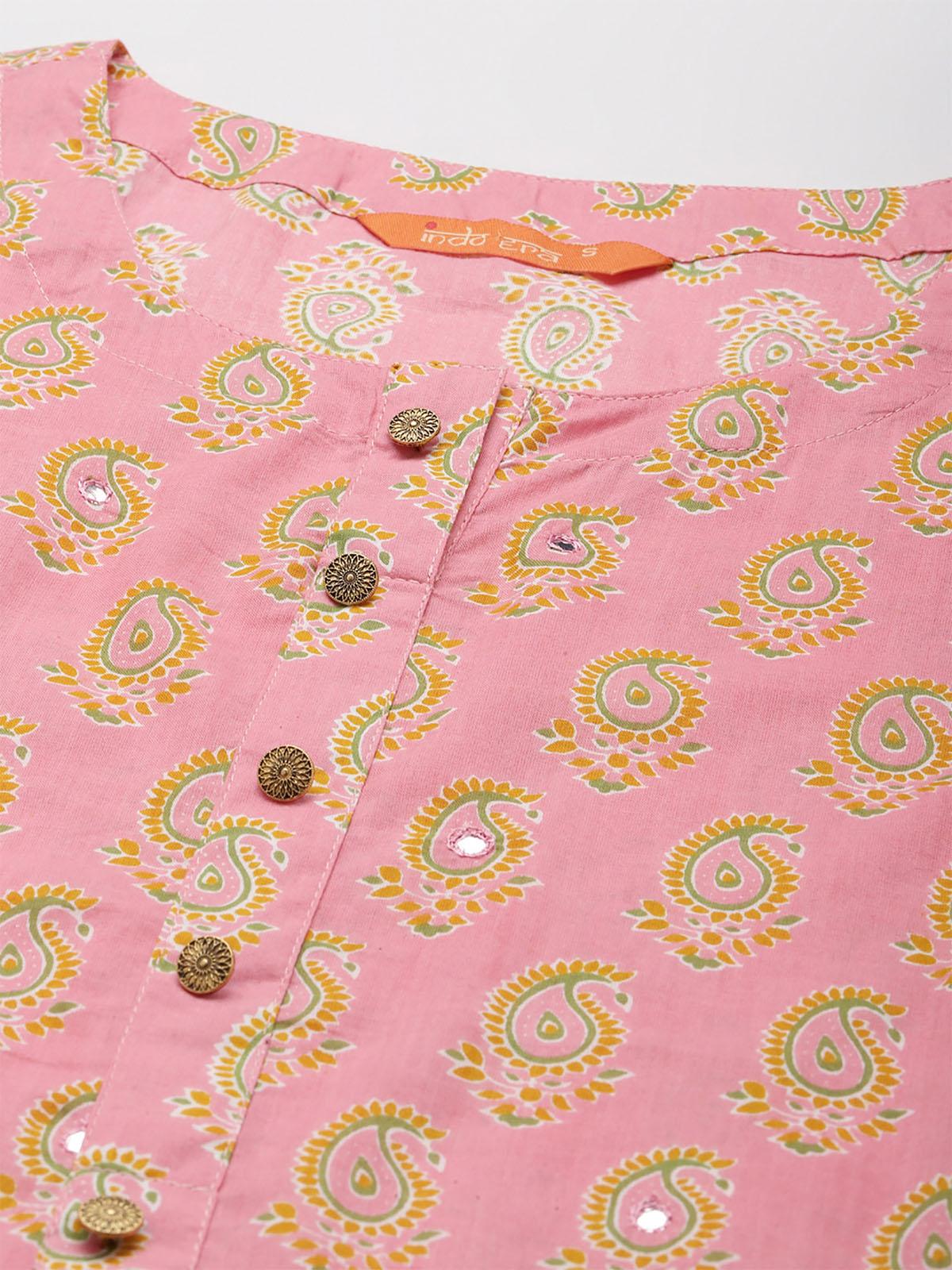 Women's Peach Printed Straight Trouser Kurta With Dupatta Set - Odette