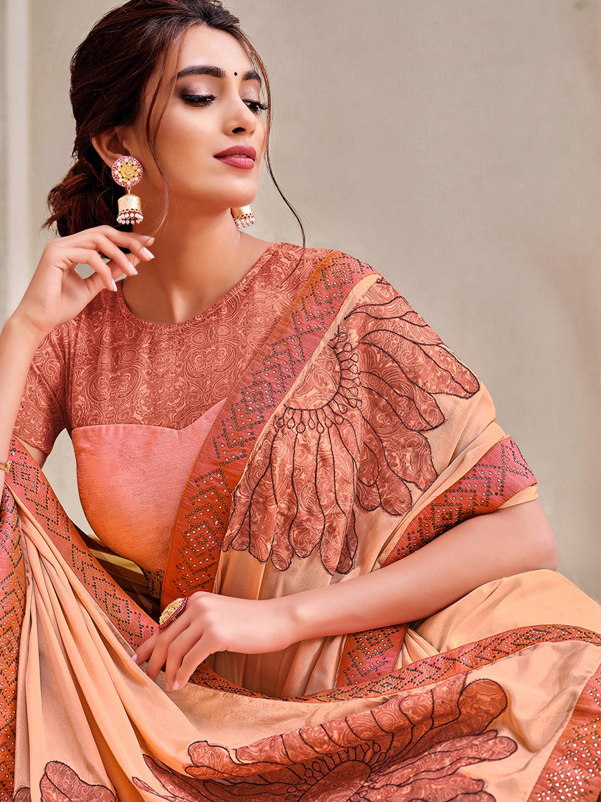 Pale peach linen saree with faded pink line only on Kalki