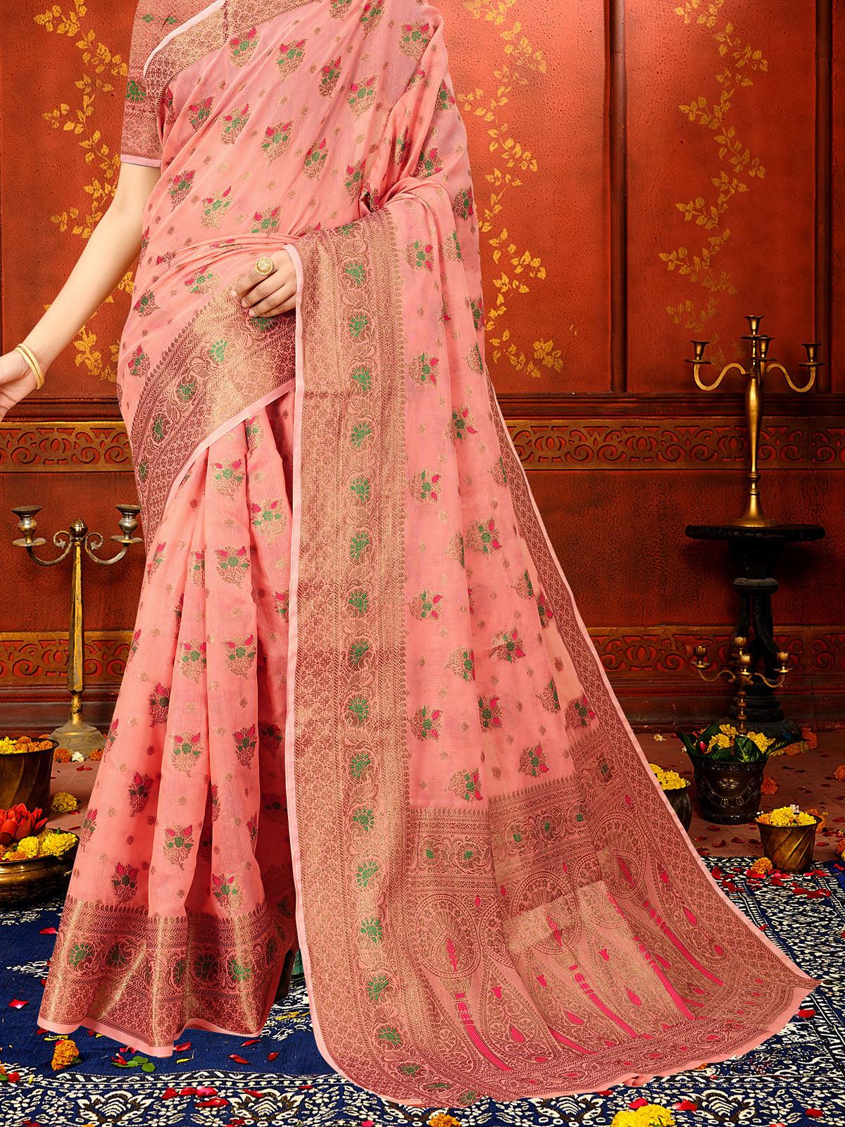 Women's Peach Soft Cotton Silk Heavy Copper Zari Meenakari Weave Designer Saree - Odette