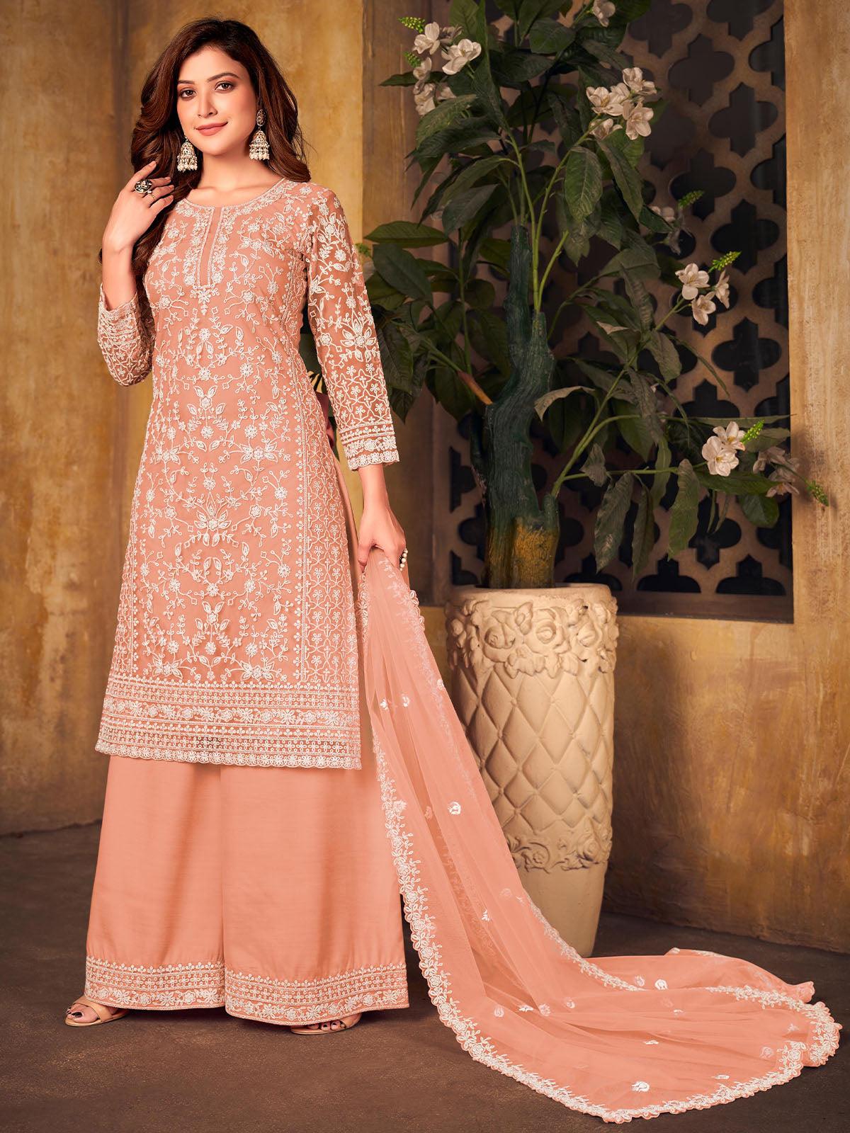 Women's Peach Embroidered Plazzo Suit Set - Odette