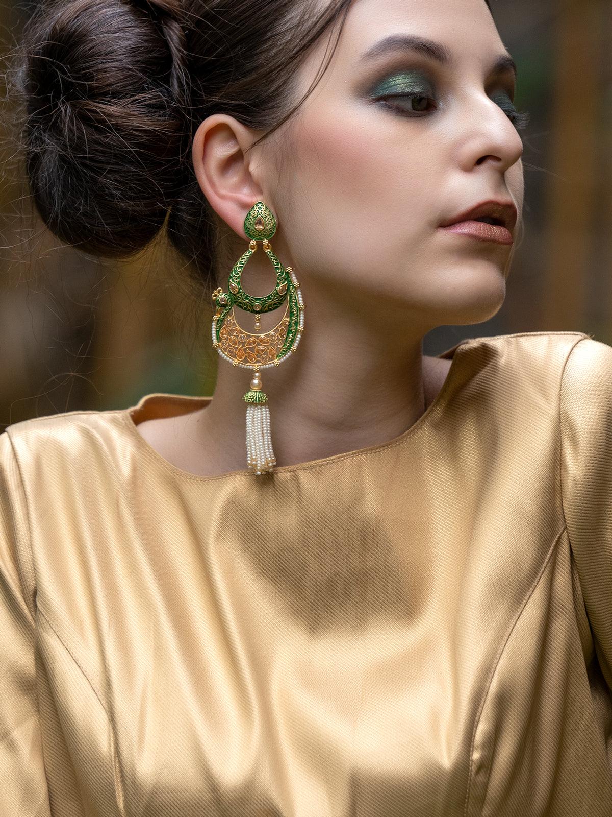 Women's Peacock Shape Green Dangle Earrings - Odette