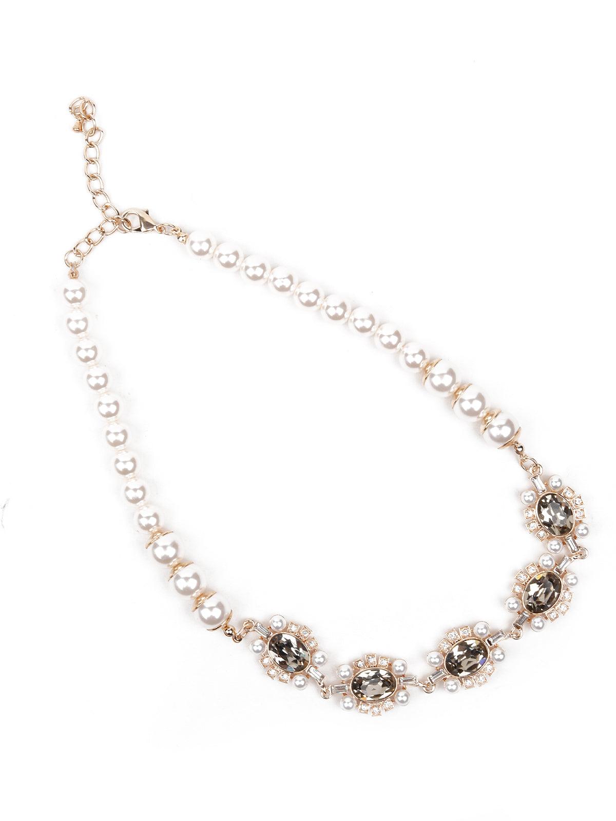 Women's Pearl Necklace Embellished With Crystals - Odette