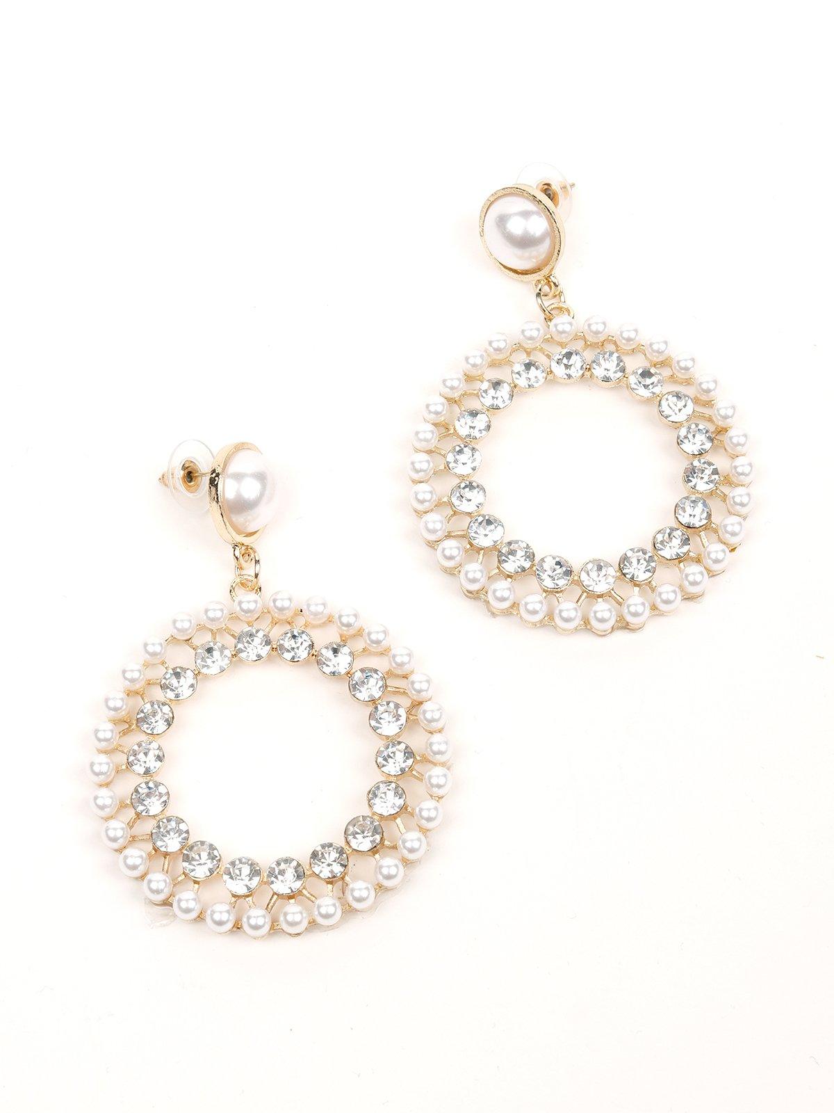 Women's Pearl Studded Double-Layered Hoop Earrings -Gold - Odette