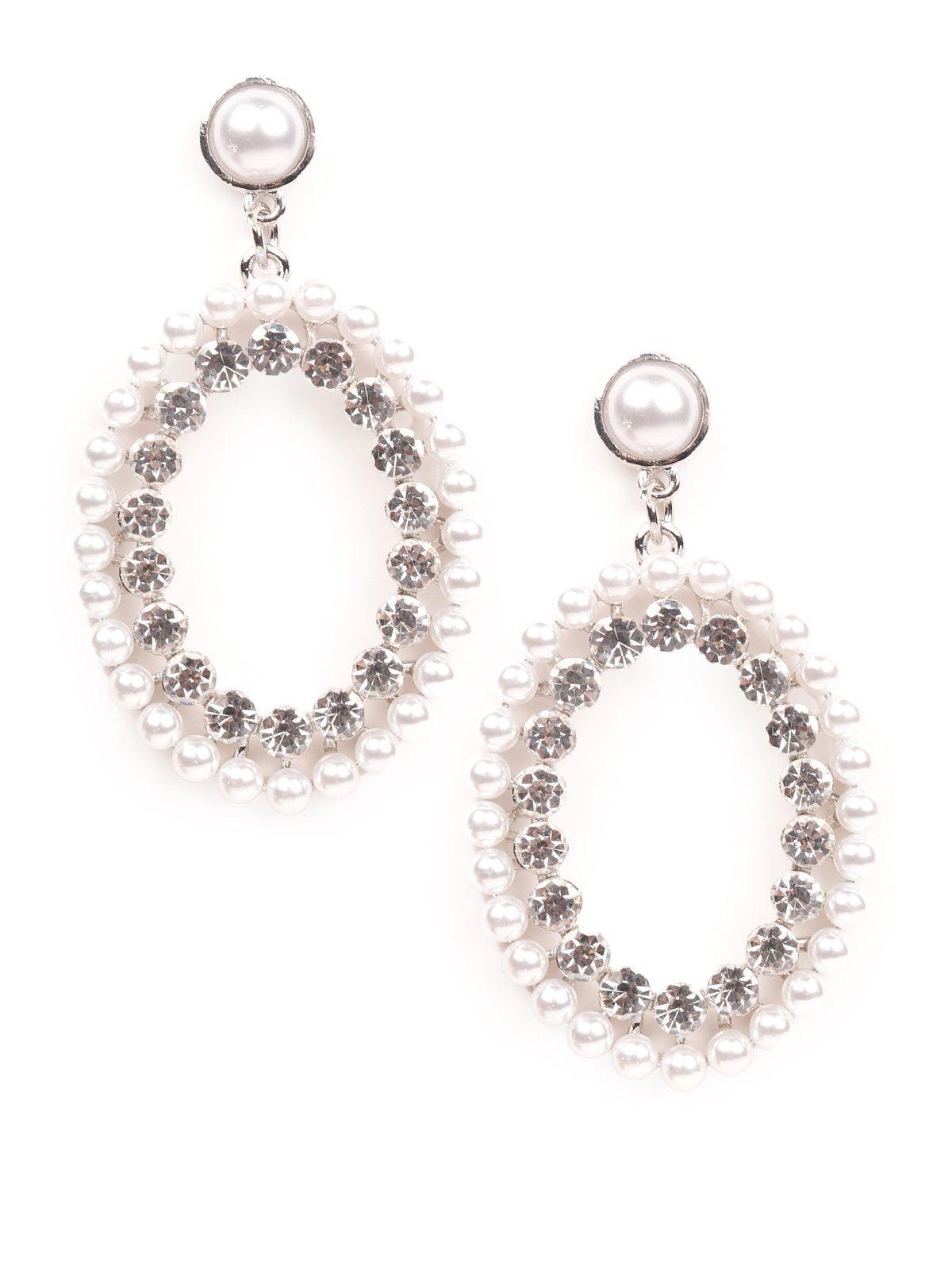Women's Pearl Studded Double-Layered Hoop Earrings -Silver - Odette