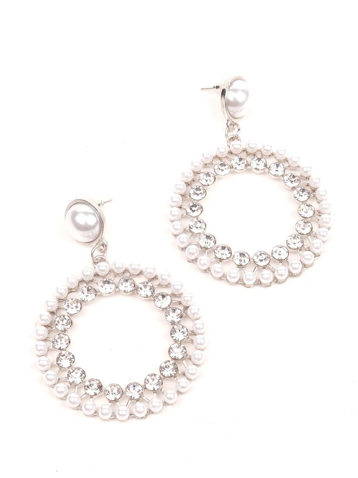 Women's Pearl Studded Double-Layered Hoop Earrings -Silver - Odette