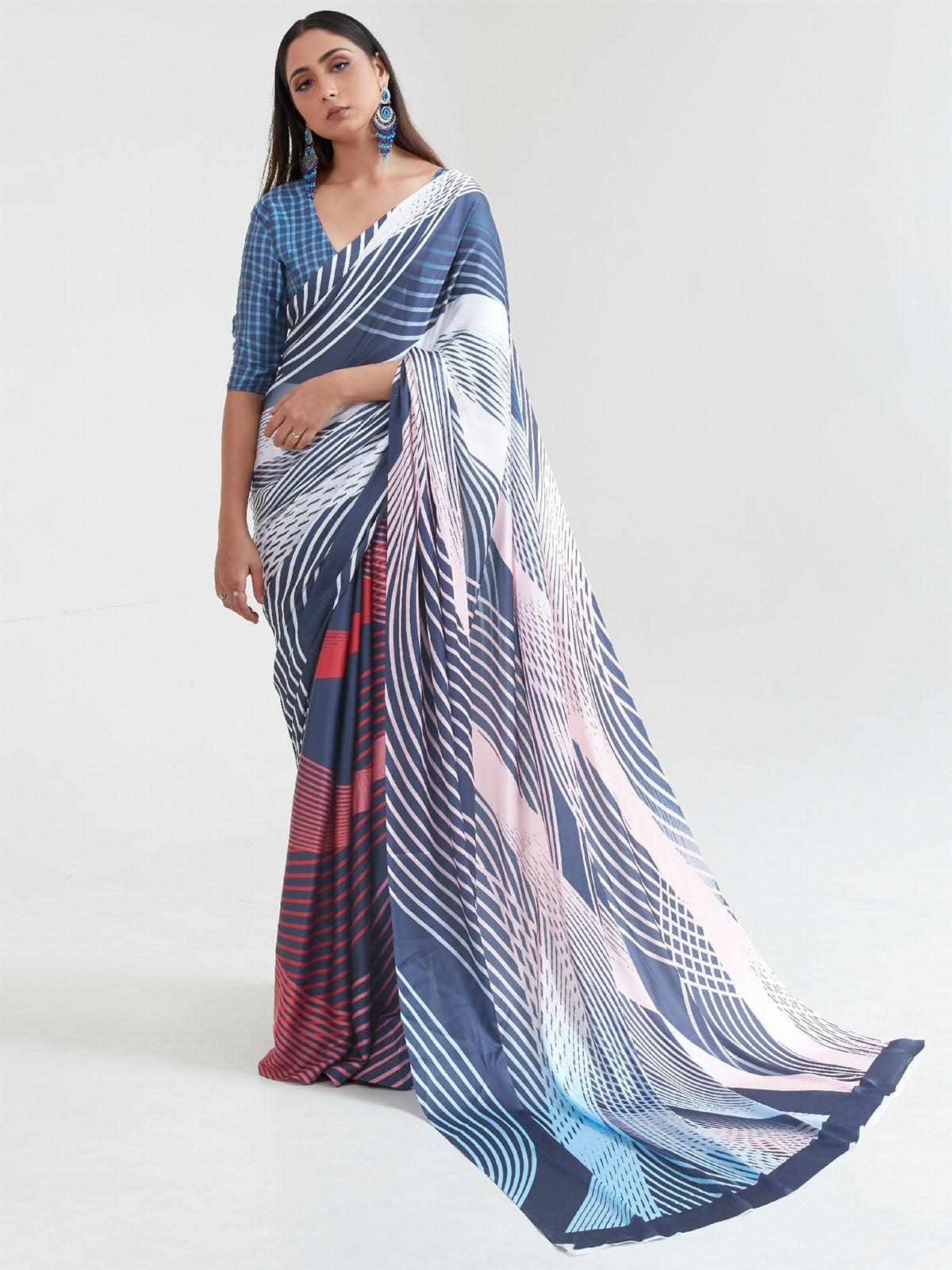 Women's Pink And Blue Casual Japan Satin Printed Saree With Unstitched Blouse - Odette