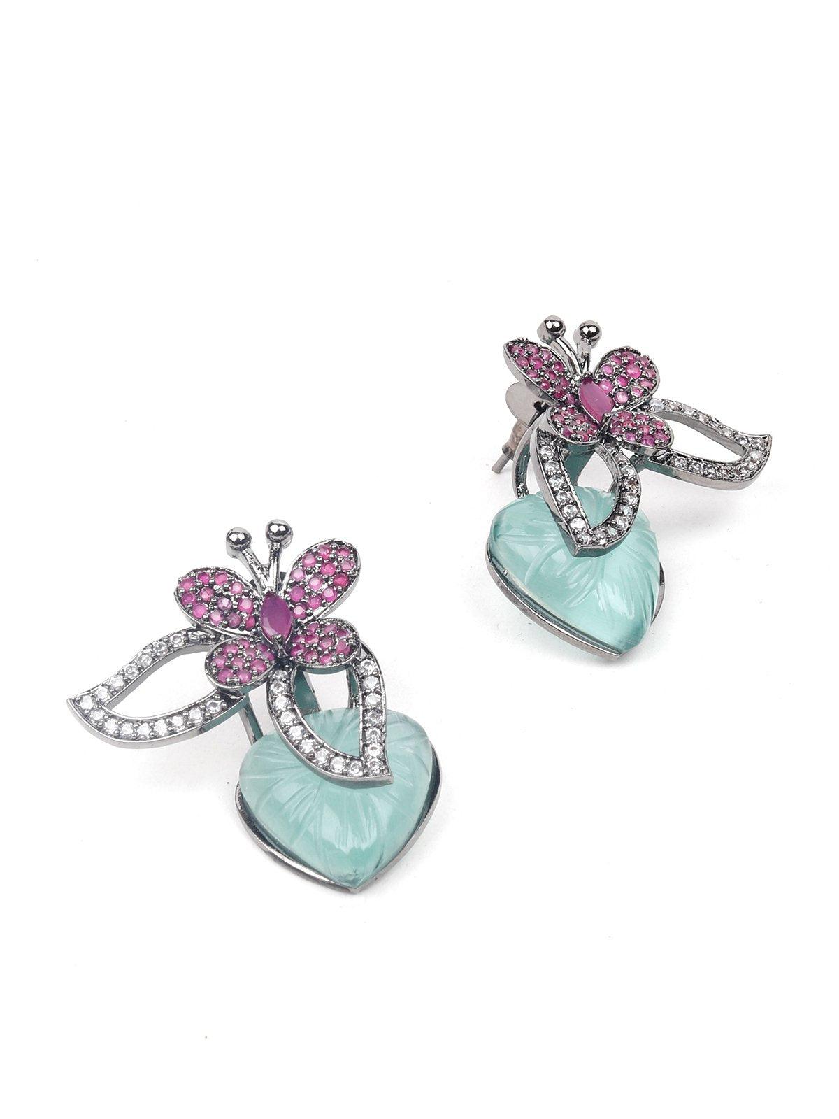 Women's Pink And Green Butterfly Statement Earrings - Odette