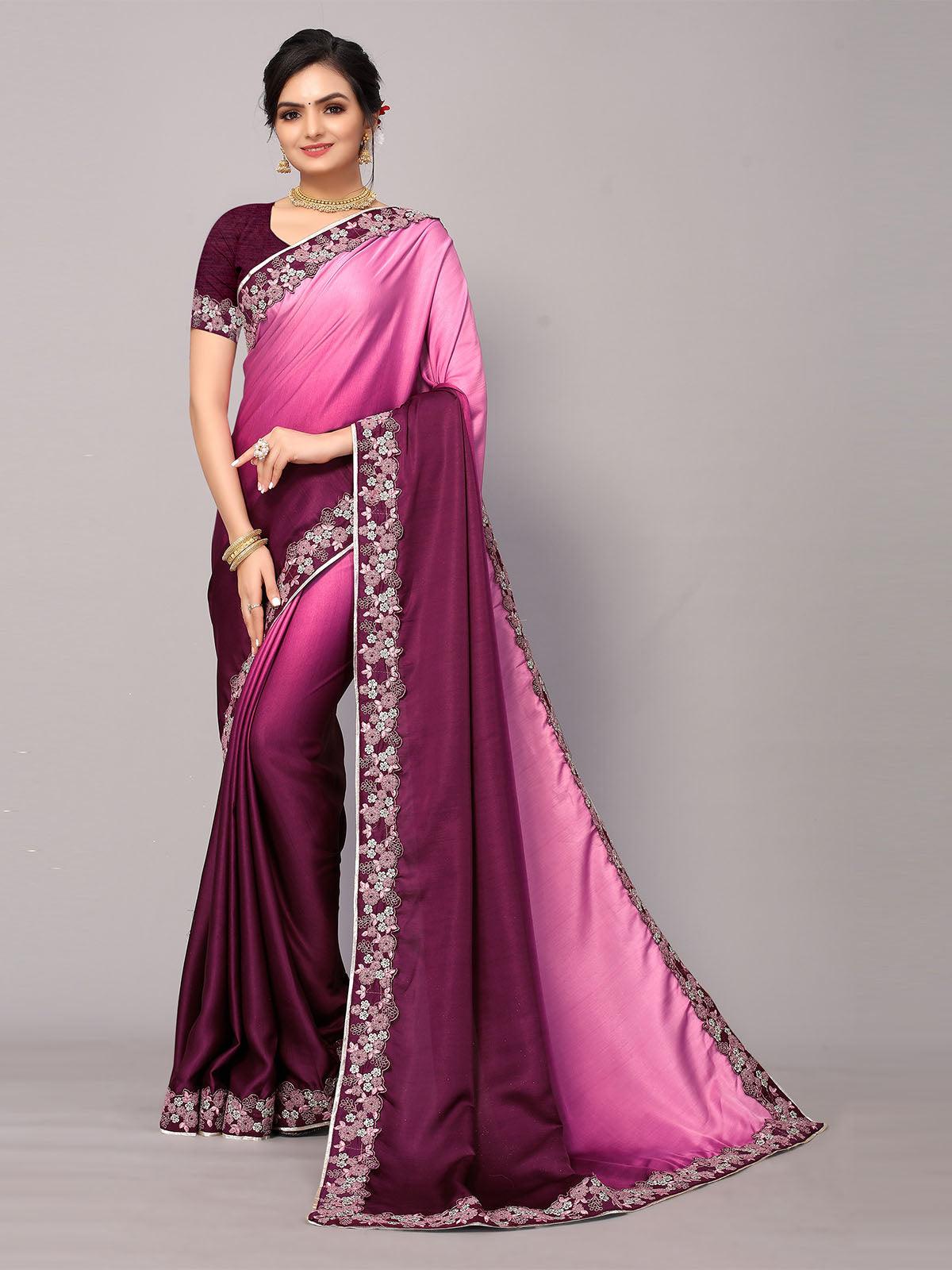 Women's Pink And Maroon Poly Silk Embroidery Border Work Saree With Blouse - Odette