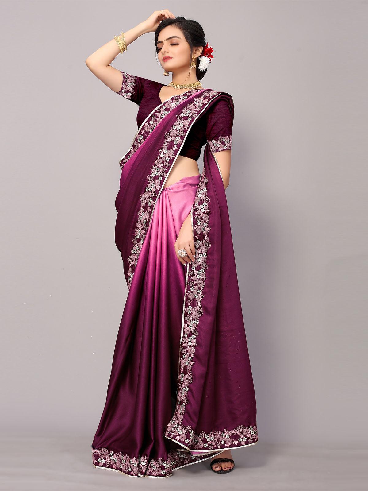 Women's Pink And Maroon Poly Silk Embroidery Border Work Saree With Blouse - Odette