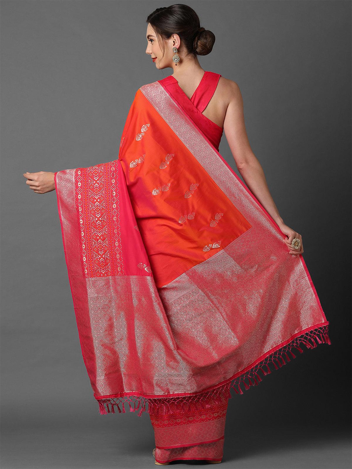 Women's Pink & Orange Festive Silk Blend Woven Design Saree With Unstitched Blouse - Odette