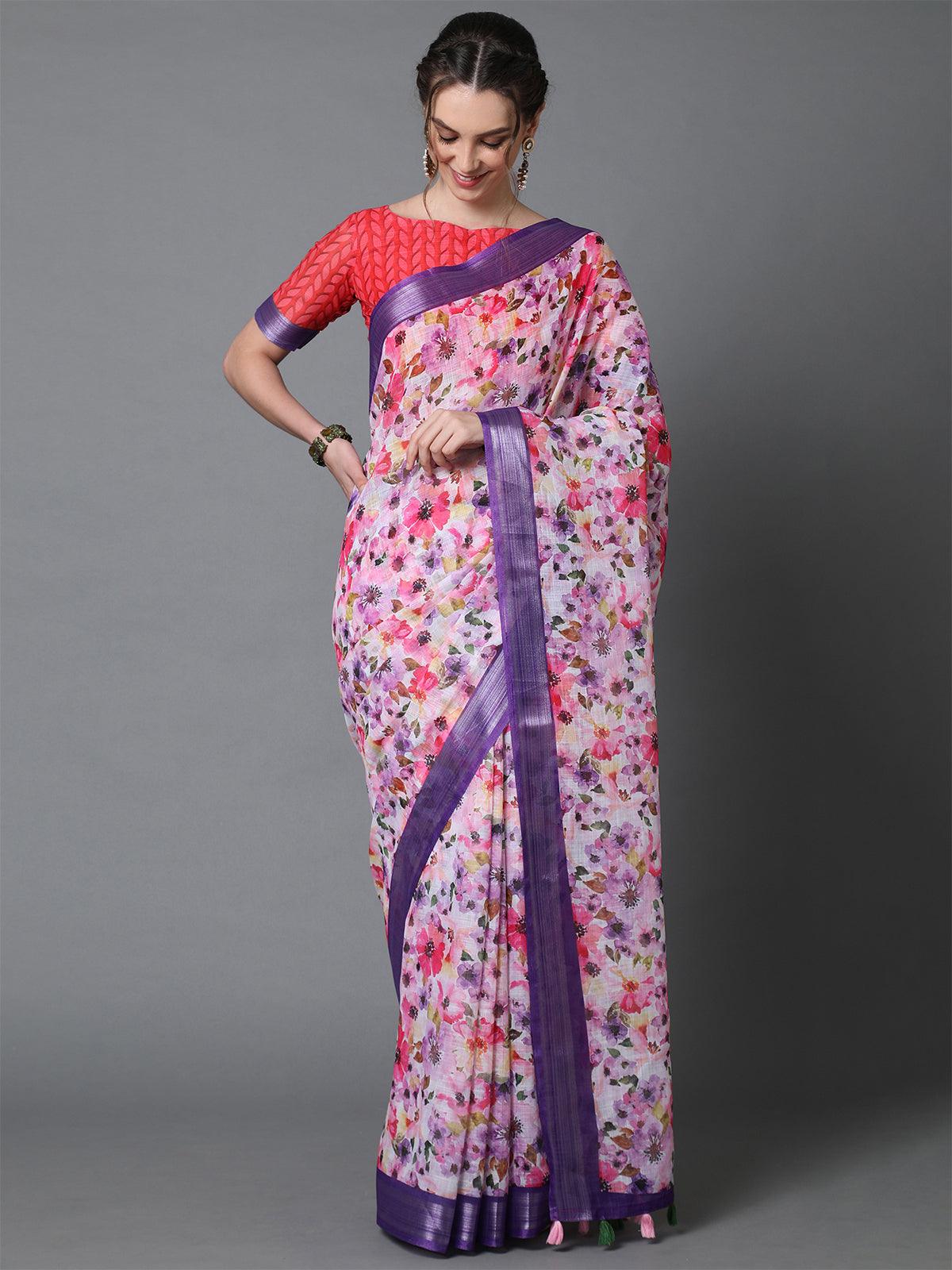 Women's Pink & Purple Casual Linen Printed Saree With Unstitched Blouse - Odette