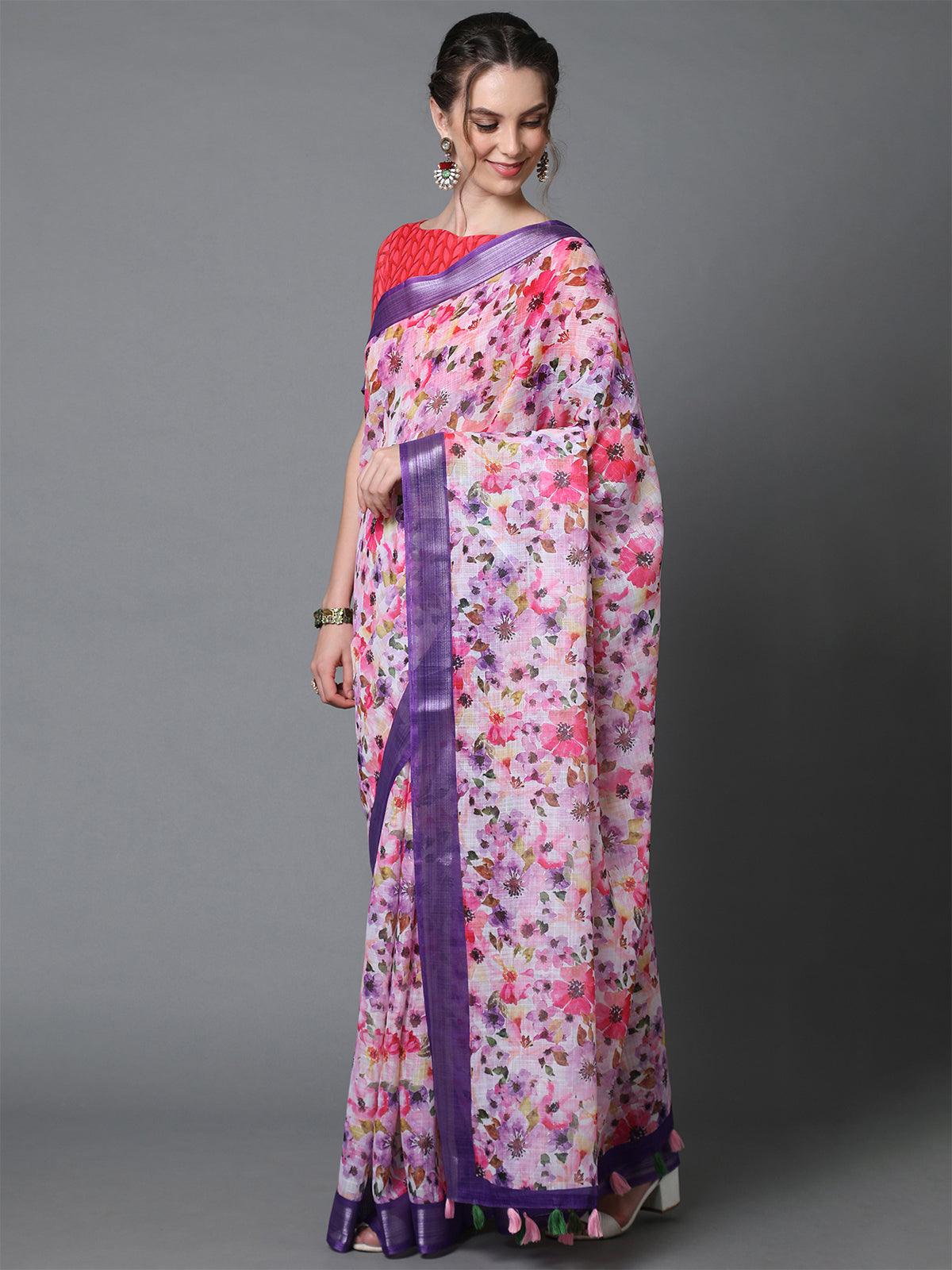 Women's Pink & Purple Casual Linen Printed Saree With Unstitched Blouse - Odette